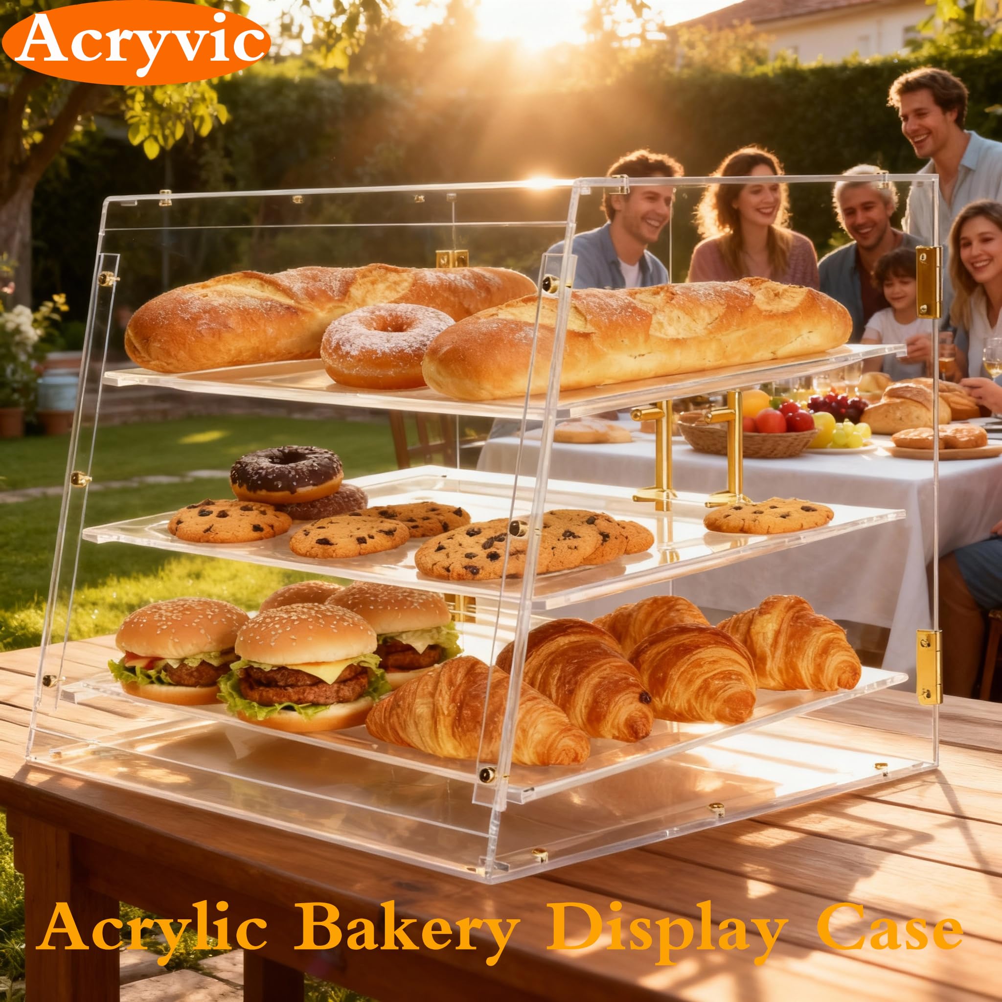 Vetrinetta per pasticceria con 3 vassoi, vetrina da banco commerciale con porte magnetiche, 53 cm x 43 cm x 42,5 cm, vetrina per dolci e cibo per vendita al dettaglio di hamburger, ciambelle