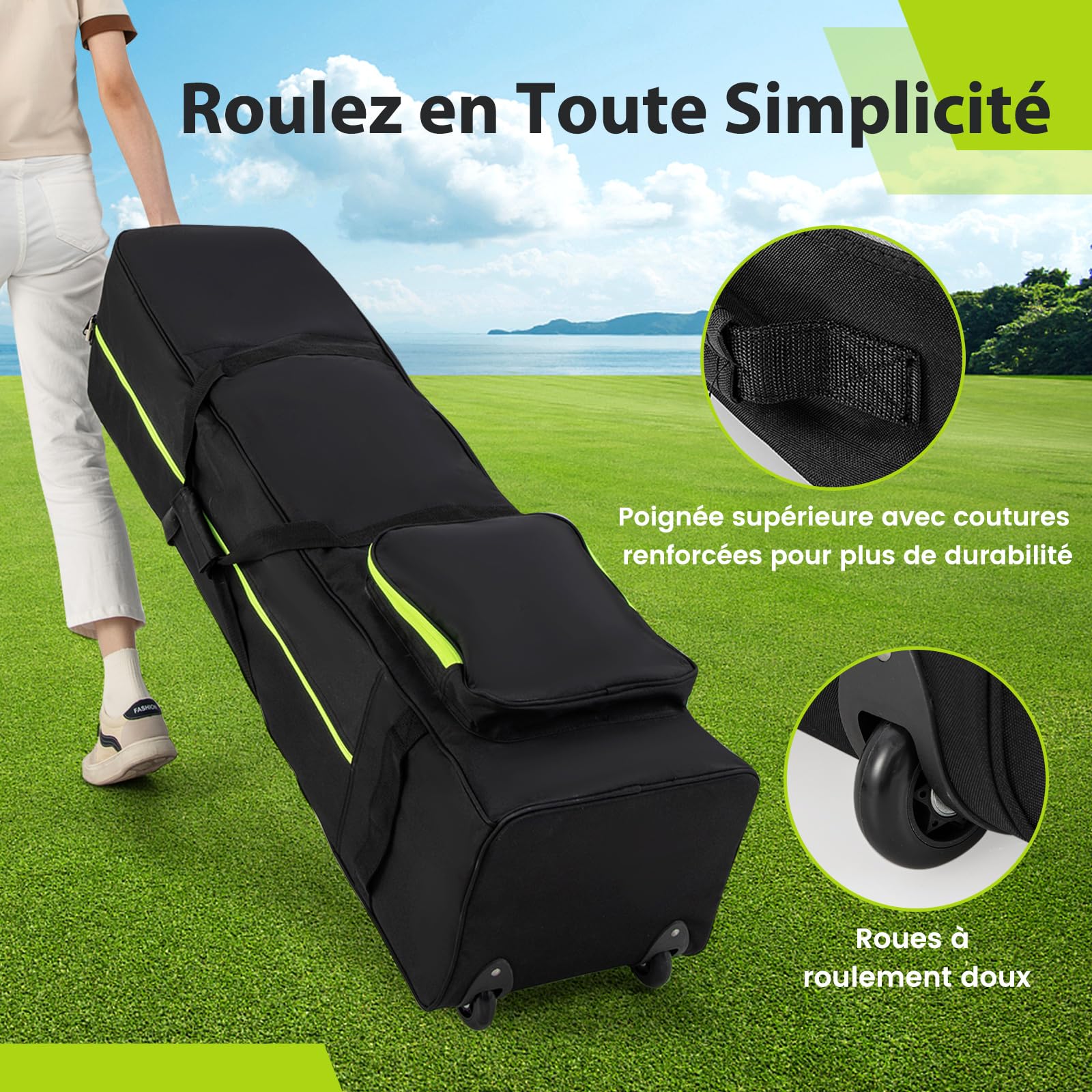 COSTWAY Sac de Golf à Côtés Souples à roulettes, Sac de Voyage en Oxford Porte-Carte de Visite Fermeture Eclair à Double Sens Verrouillage, Housses de Club de Golf Pliable