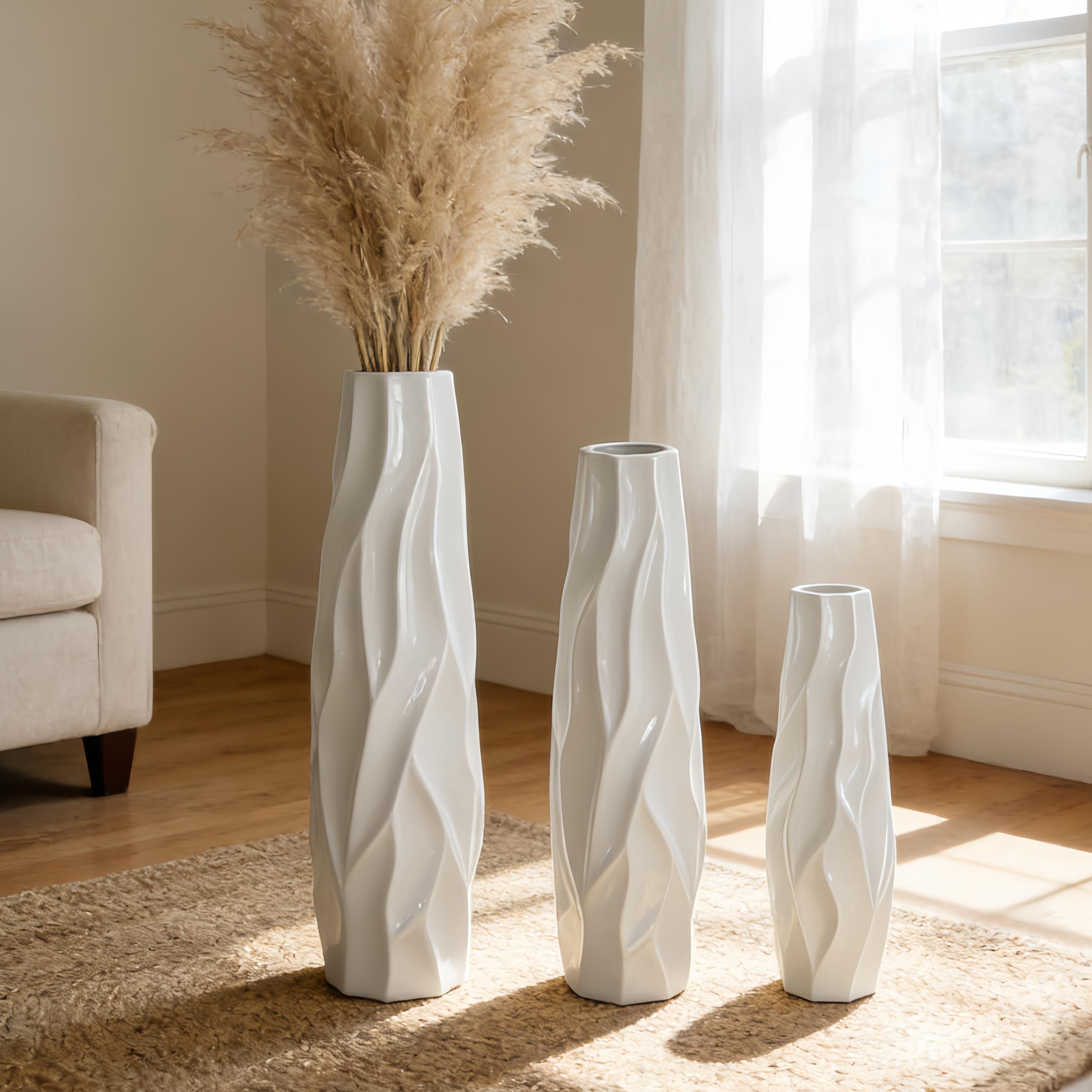 Weiße Bodenvase aus Keramik, 45 cm Groß, Minimalistische Dekovase für Blumen, Pampasgras, Für Wohnzimmer, Büro und Schlafzimmer