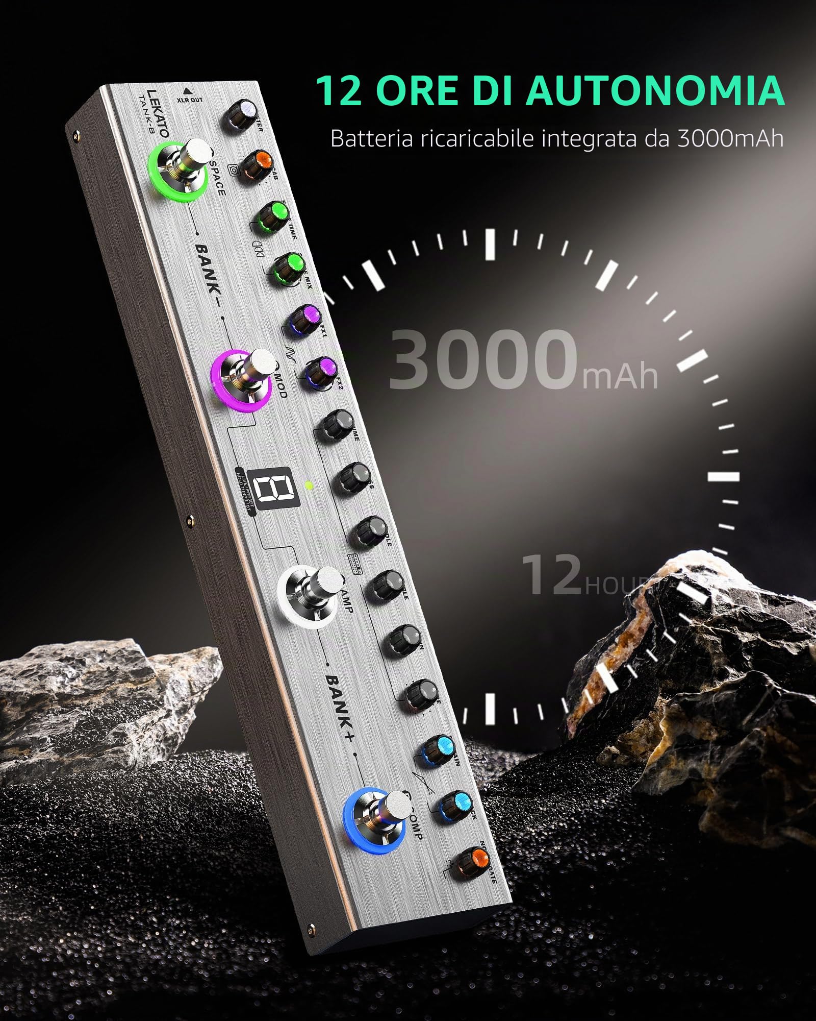 Pedale multieffetto per basso LEKATO con 36 preset, 4 moduli, amplificatore, compressore, mod, riverbero, IR CAB, sintonizzatore, connessione BT, registrazione, controllo app(Il basso)