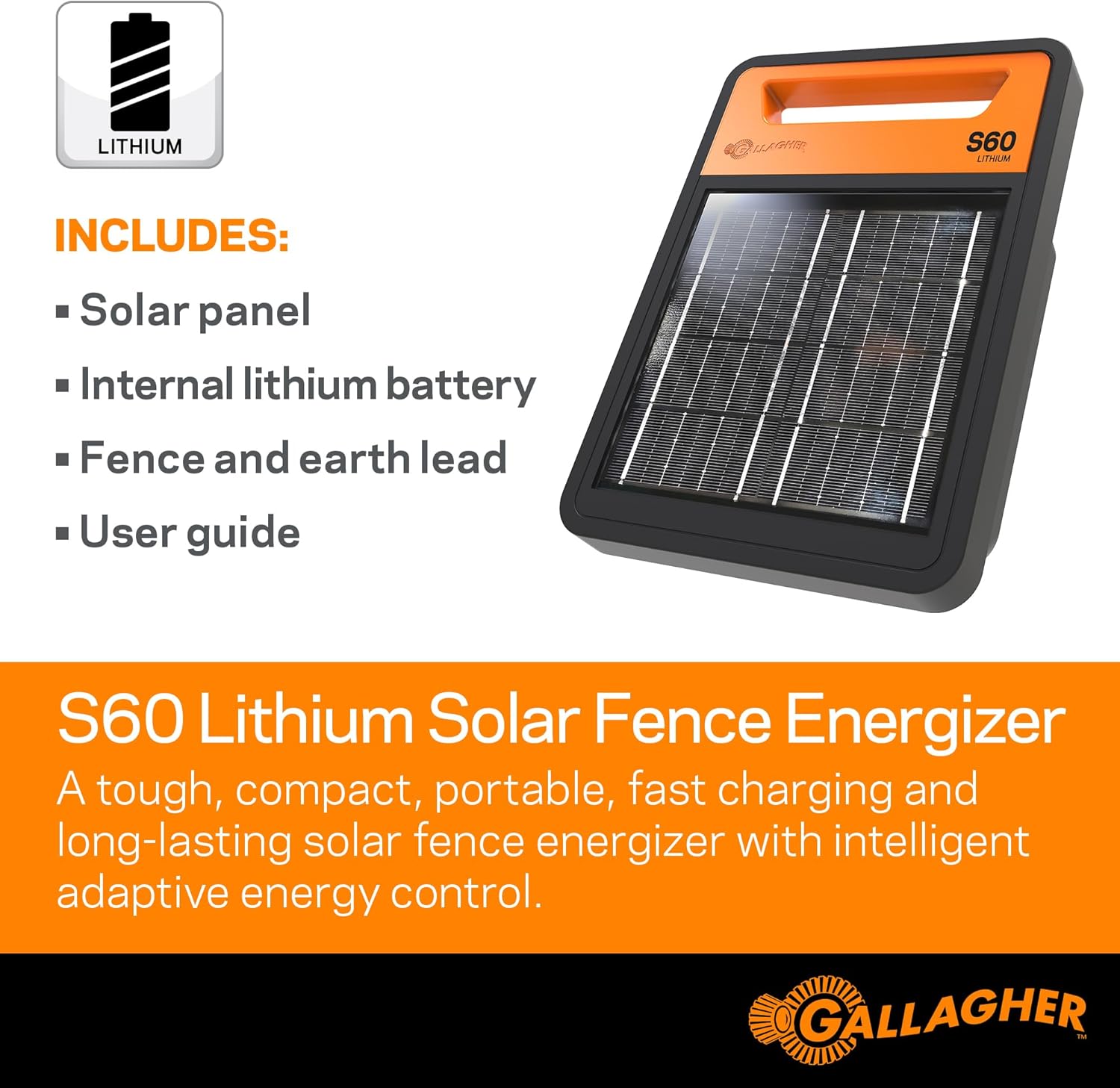 Image showing the Gallagher S60 Solar Fence Energizer and a list of included items: Solar panel, Internal lithium battery, Fence and earth lead, User guide.
