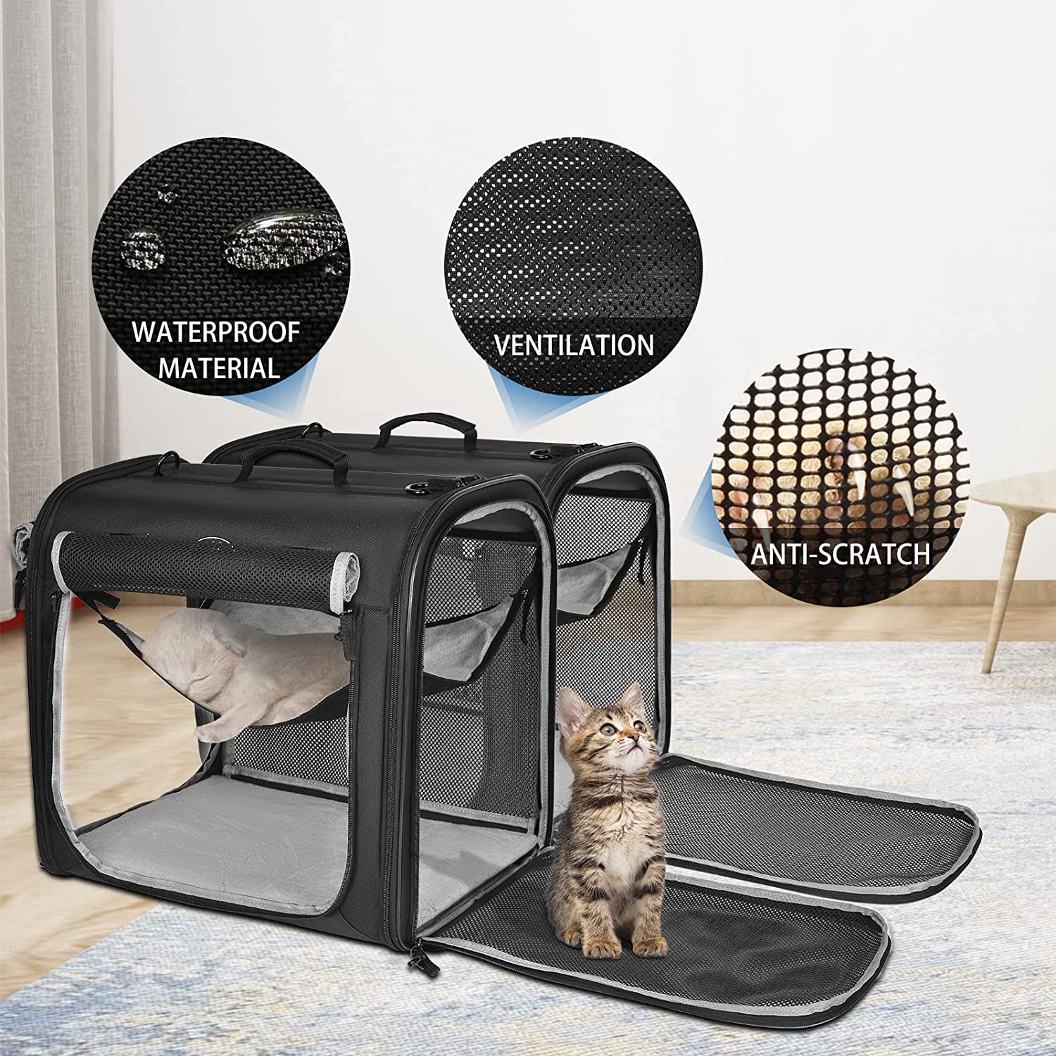 PHOMDAN Large cat Carrier Soft-Sided Portable Pet 2 Cats Travel Double Dog Crate Set with Portable Carry Bag/Hammocks/Mats/Tent Stakes/2 Pcs Pet Bowls for Outdoor Camping