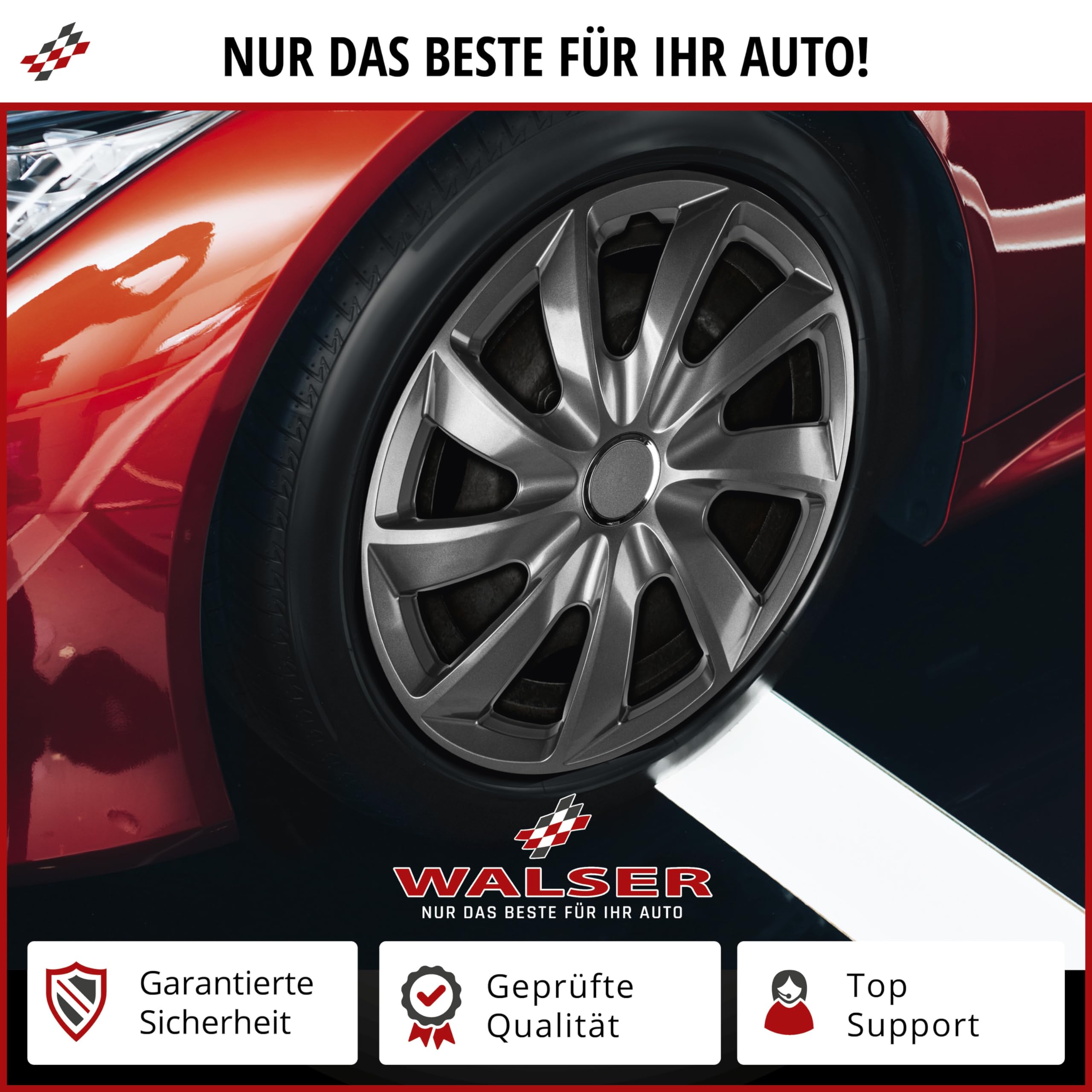 Walser Osłony kół New Racer, bardzo dobra nagroda* Zestaw czterech kołpaków kół z wyglądem felgi aluminiowej 15" czarny/srebrny