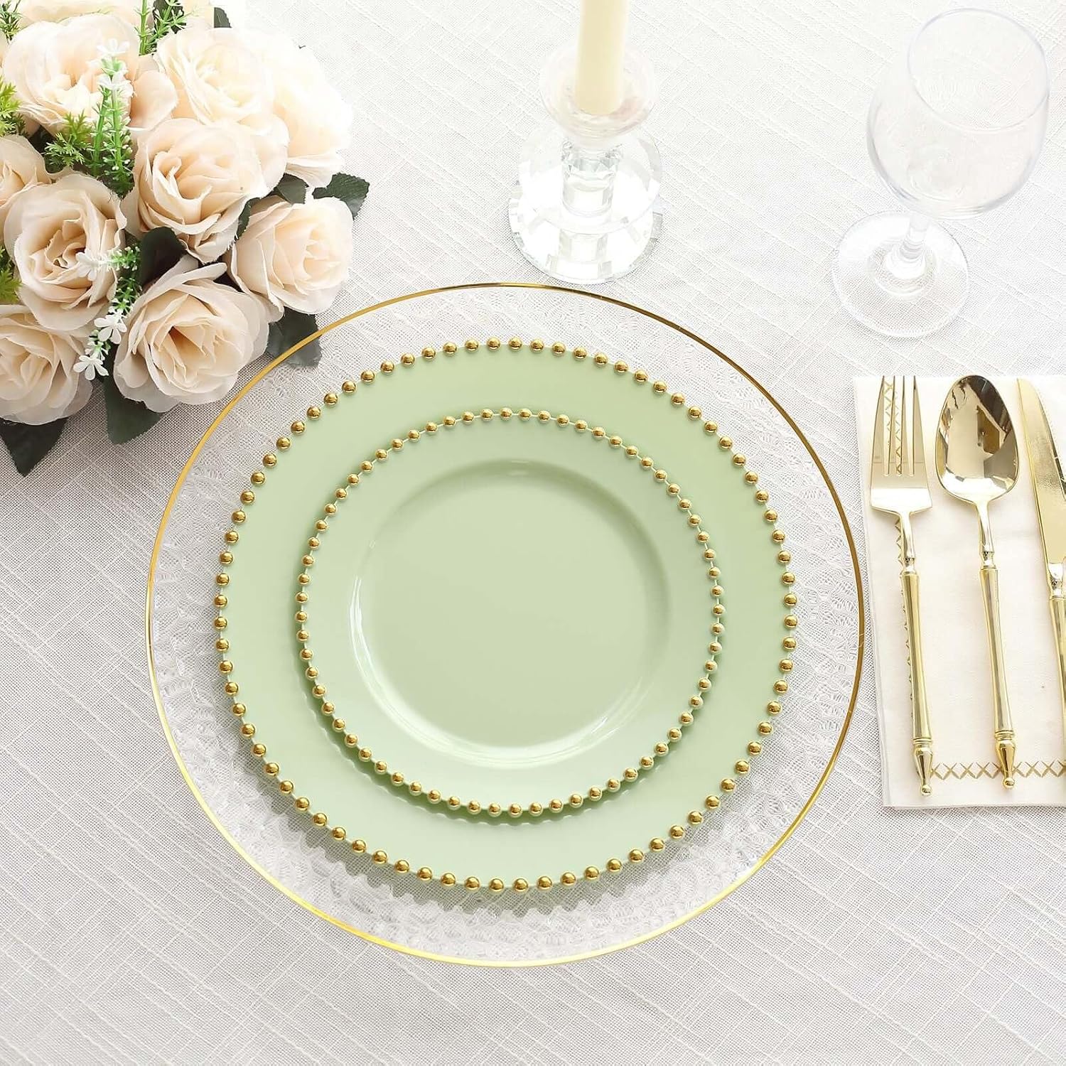 Efavormart 10 Pack Sage Green Plastic Dinner Plates with Gold Beaded Rim, Round Disposable Party Plates - 10"