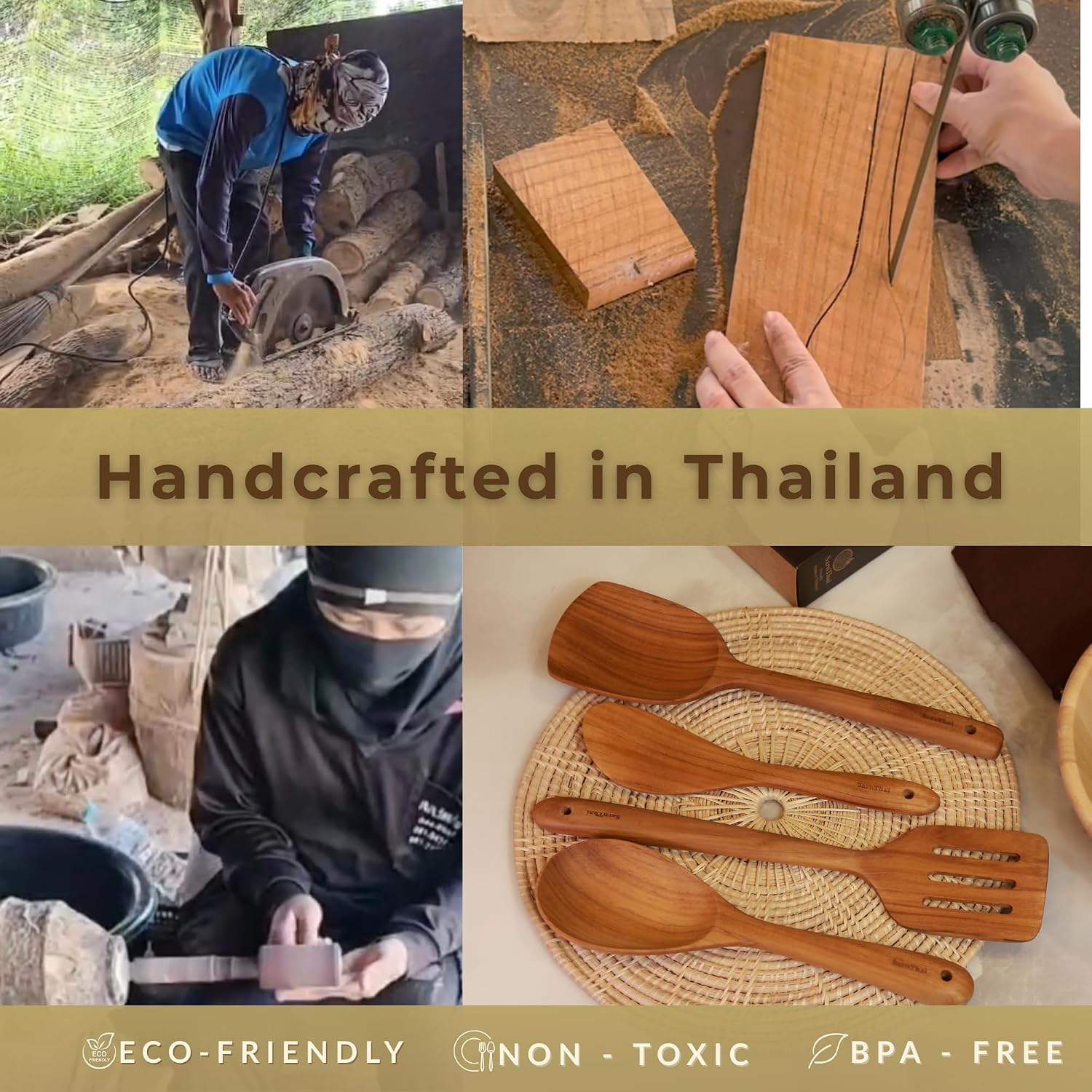 SarnThai Premium Teak Kitchen Utensil Set – 4-Piece Handmade Wooden Spatulas & Spoon for Cooking, Natural Teak Wood Tools Safe for Nonstick Pans, Eco-Friendly Thai Handmade Utensil Set