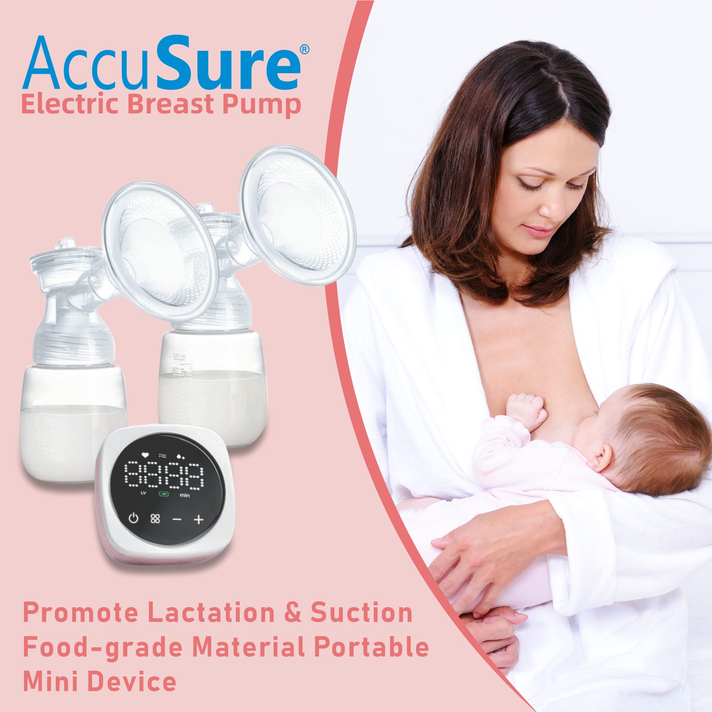 AccuSure Double Electric Breast Pump Stimulation, Soft Silicone Cushion, Rechargeable Battery, Single Breast Pump Electrical, BPA Free, 1 Year Warranty 1