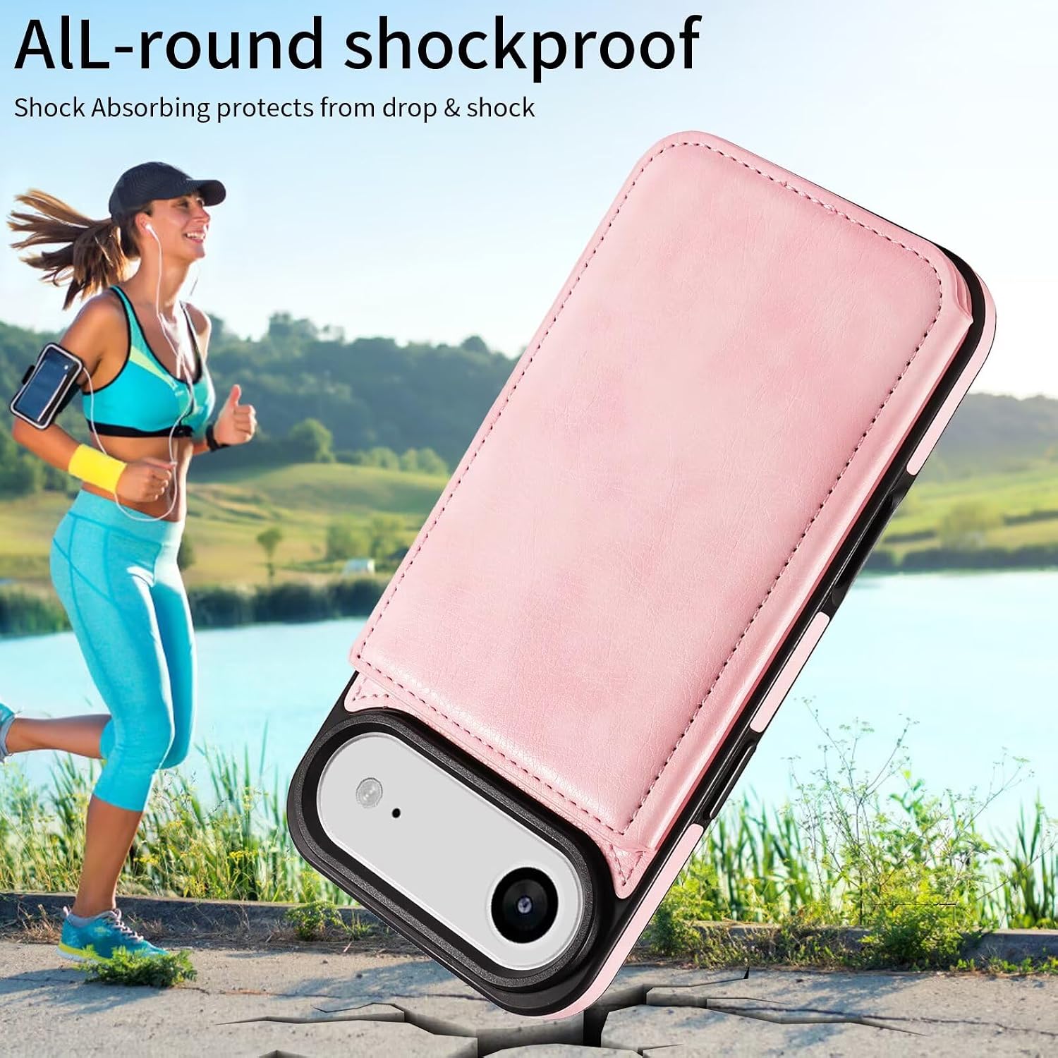 for iPhone 17 Air Wallet Case with Card Holder, Finger Ring Holder Kickstand PU Leather Magnetic Clousure Shockproof Phone Case Cover for Women and Men Pink