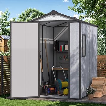 4 x 6 FT Plastic Outdoor Storage Shed, All-Weather Resin Tool Shed with Floor, Lockable Doors & Windows, Resin Garden Shed for Poolside, Backyard, Patio