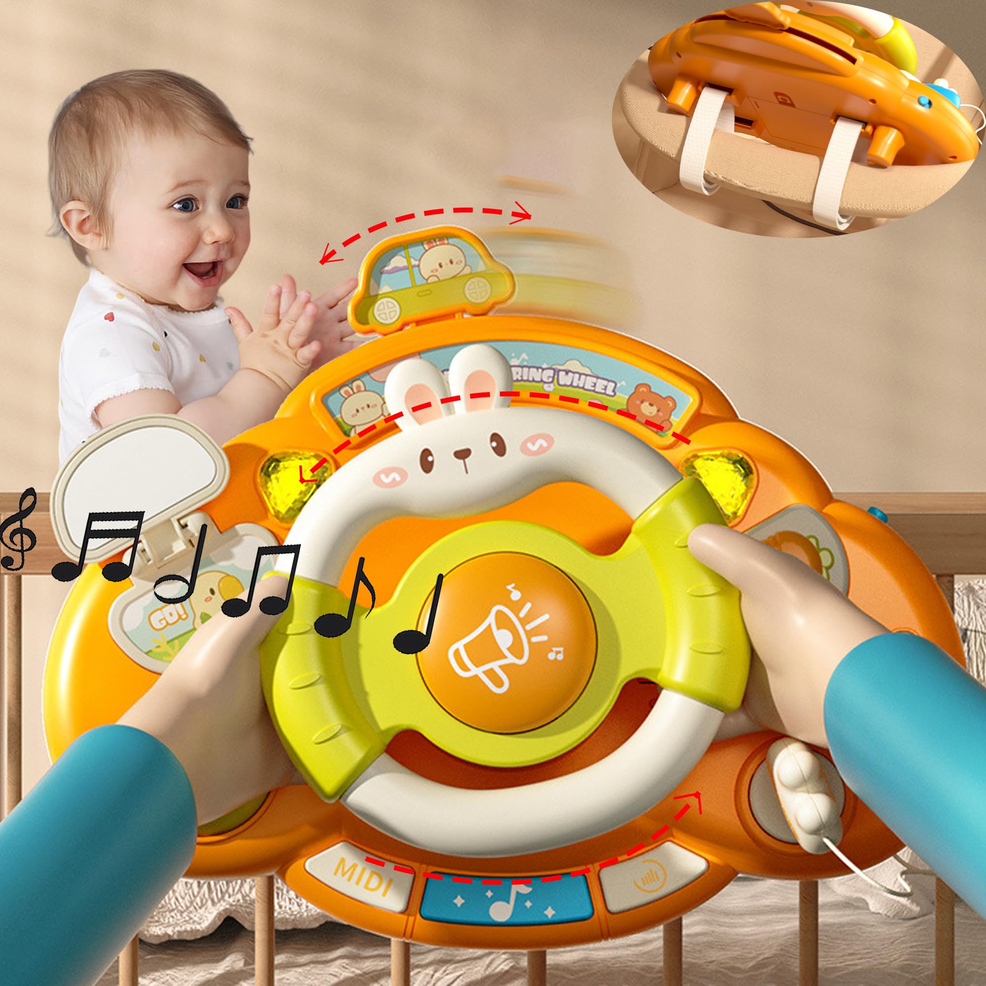SUQ Coniglio Volante Per Auto Per Bambini, Auto Di Collegamento, Si Muove Con La Rotazione Del Volante, Giocattolo d'Imitazione Per Guida Simulata Con Rotazione a 360°Effetti Luminosi e Sonori