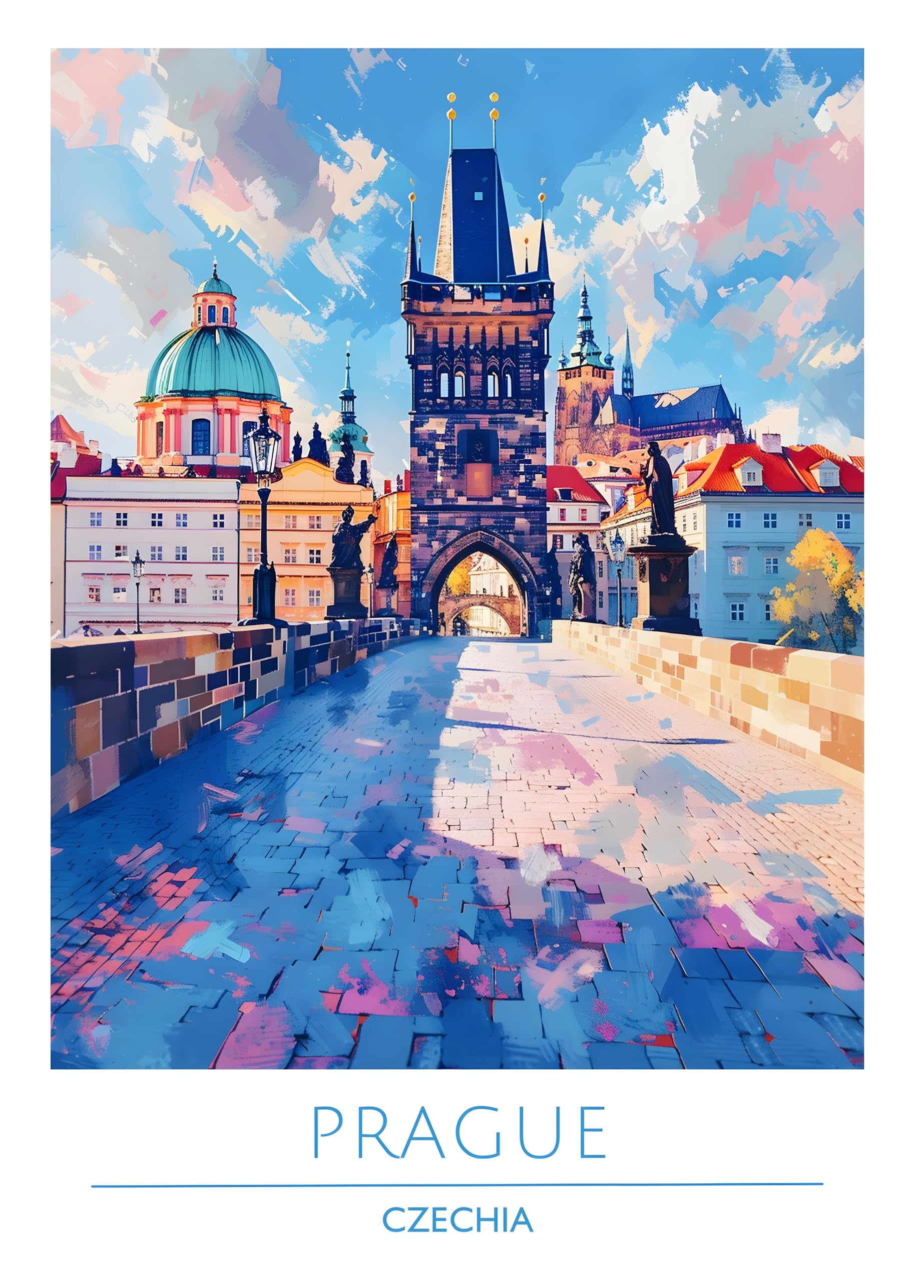 Iconic Cities Unframed A4 A3 Travel Poster Prints, Travel Wall Art, Home Décor, Paris New York Dubai Tokyo Rome Barcelona etc. (Chech, Prague, A4)