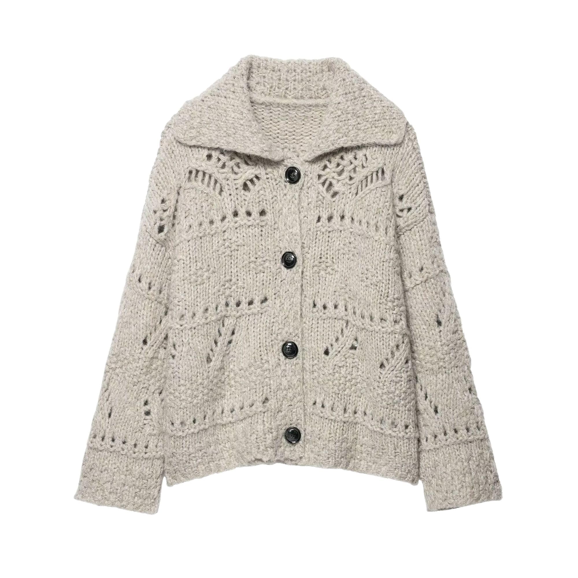 Chevara Womens Pointelle Chunky Knit Cardigan Trendy Lapel Collar Long Sleeve Button Down Hollow Out Crochet Sweater
