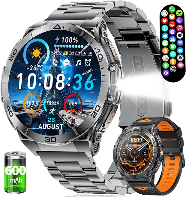 Smartwatch Herren Militär,1,6'' HD AMOLED mit Telefonfunktion,600 mAh Akku/LED Taschenlampe,128 MB Arbeitsspeicher,Smartwatch Herren 100+ Sportmodi,Gesundheitsverfolgung,5 ATM Wasserdicht,2 Armbänders