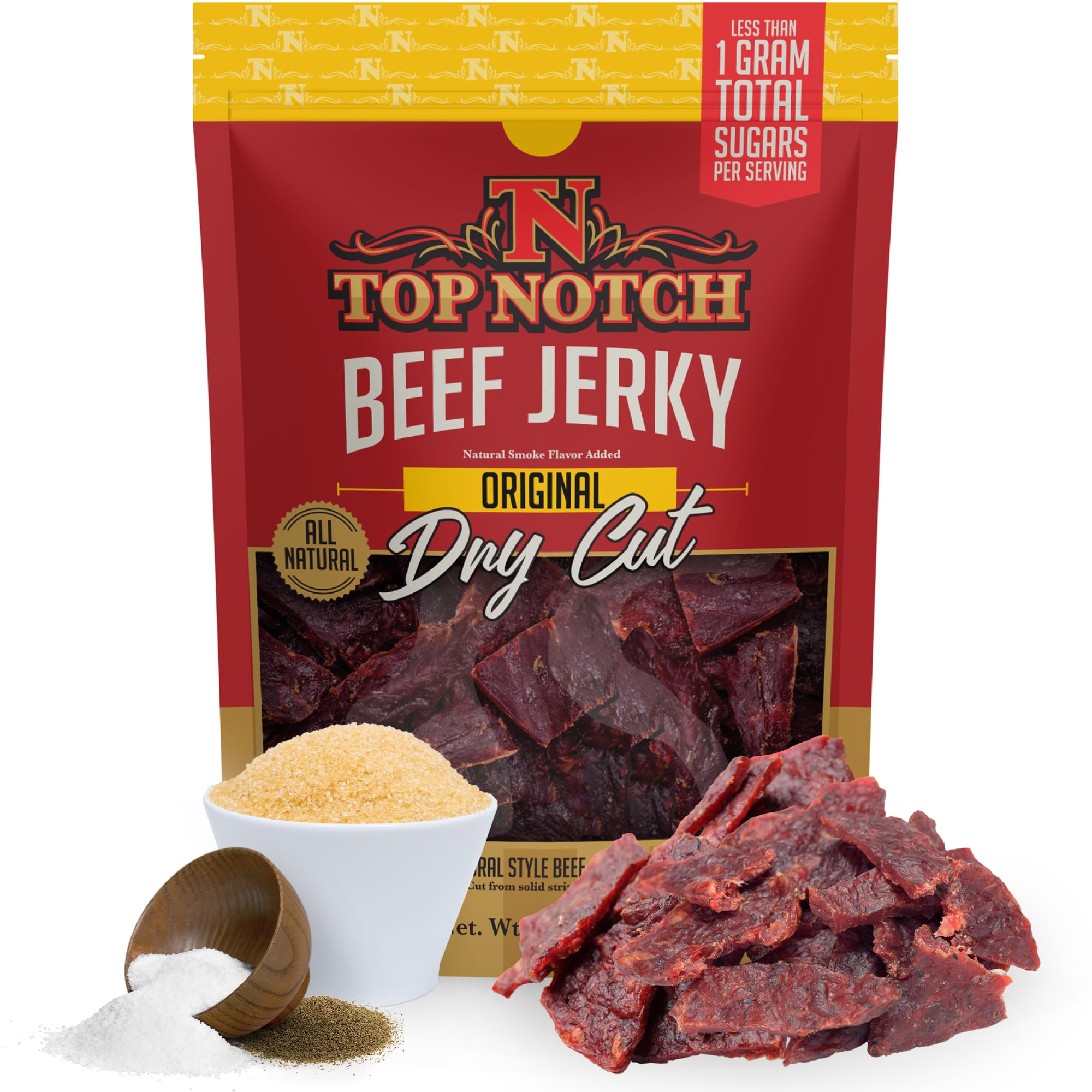 Top Notch Dry Cut Jerky – 5.0 oz Bag of Classic Dry Style Beef Jerky - High Protein Snacks for Kids and Adults Made From Locally Raised Beef, No