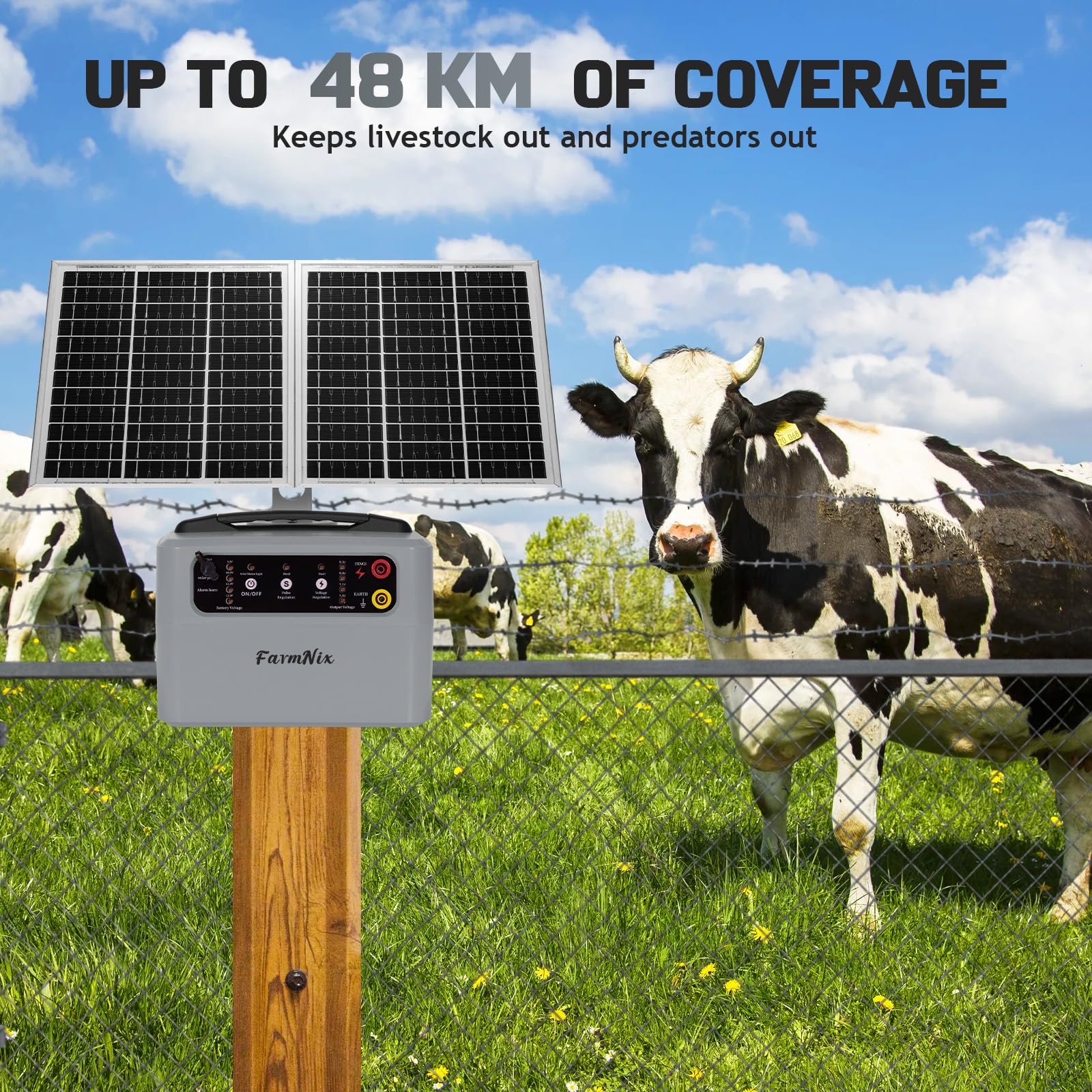 48KM Pastore Elettrico Solare, 0.3-1.5J, 6KV-12KV Recinzione Elettrica Pastore con 15W Pannello Solare e Batteria 7Ah, Per Mucche, Bestiame, Allevamento Di Pollame, Pastore (Grigio)