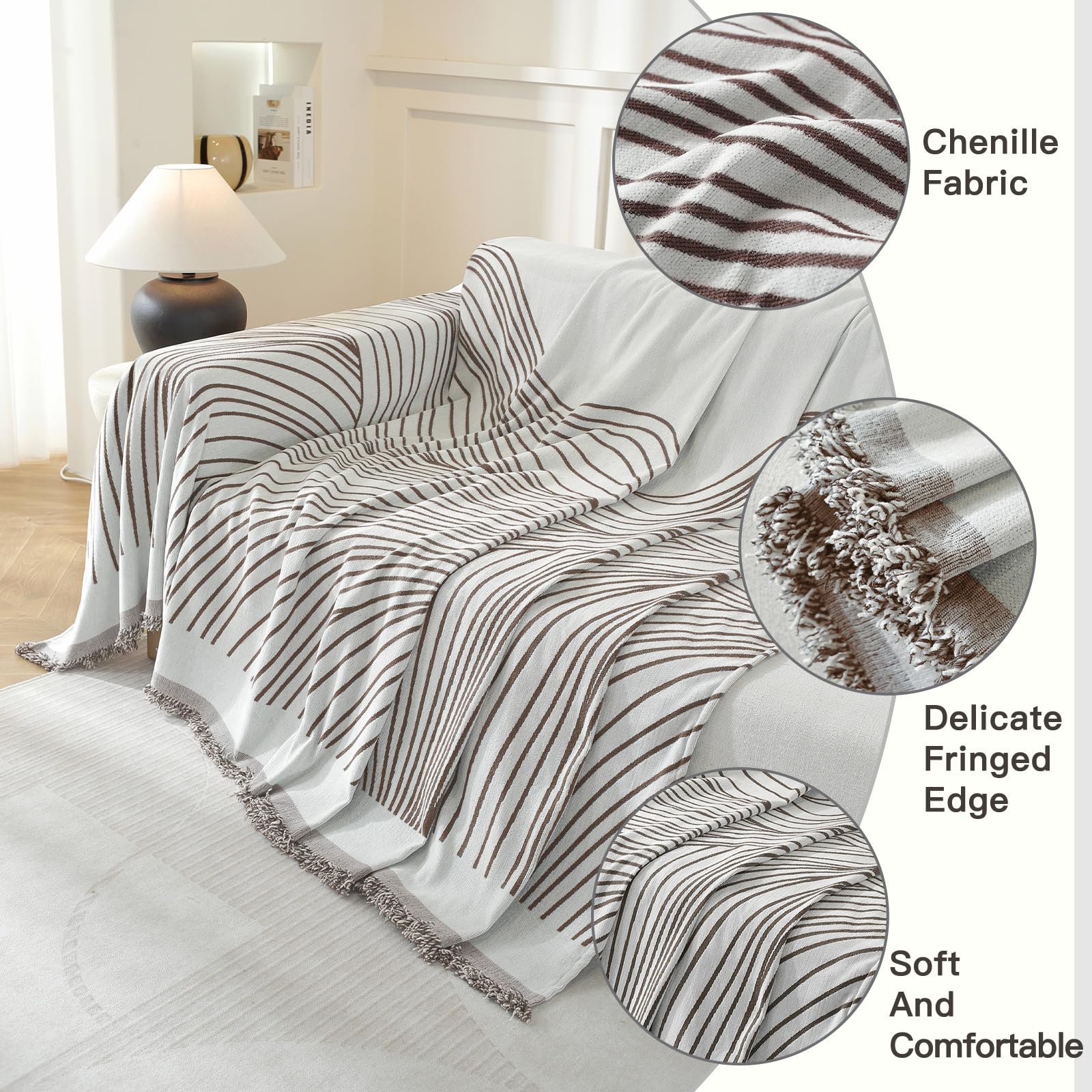YSTELLAA Funda Sofa 4 Plazas, 180×380CM, Manta Cubre Sofa Four Seasons, Universal, Reversible, Grande, Gruesas, Antideslizantes, Decoración De Interiores, para Salón, Café Oscuro-Curve