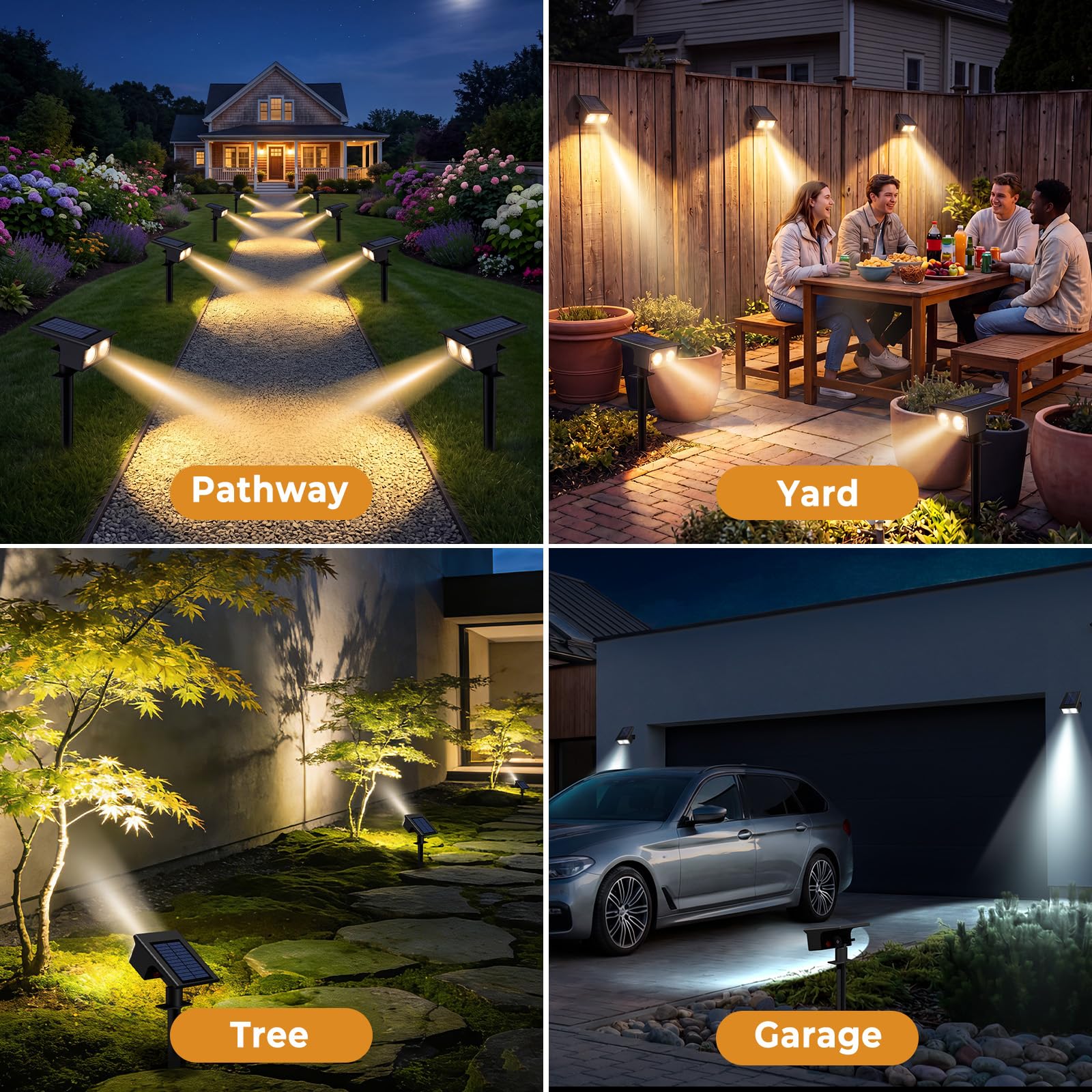 btfarm 4 Stück Solarlampen für Außen, 3000/4500/6000K Solarstrahler für Außen Garten 3 Farben IP65 Wasserdicht LED Solar Strahler Gartenleuchten, Solarleuchten für Outdoor Baum Rasen Weg Hof Garage