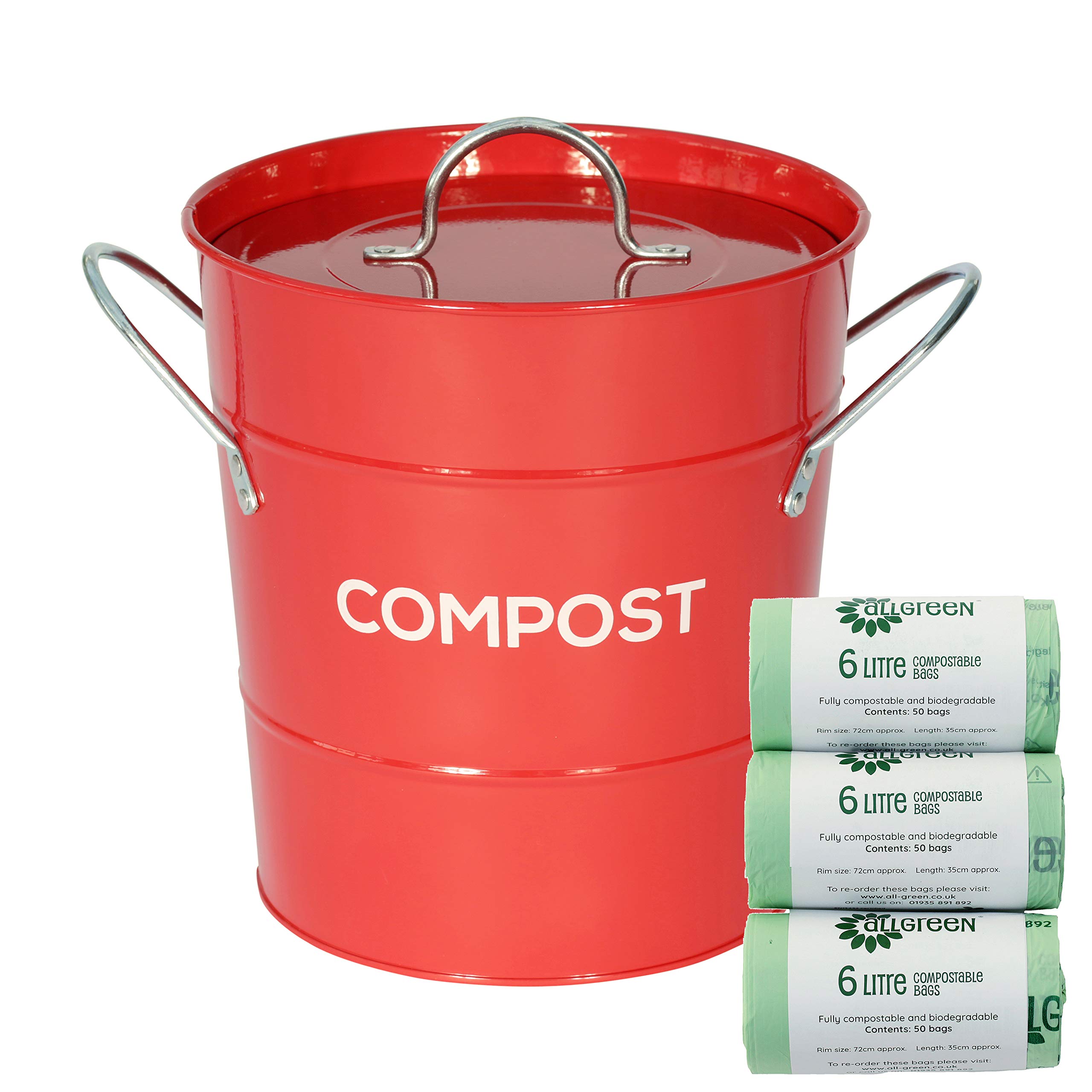 The Caddy Company Red Metal Kitchen Compost Caddy & 150X All-Green Compostable Bags - Composting Bin For Food Waste Recycling 6L
