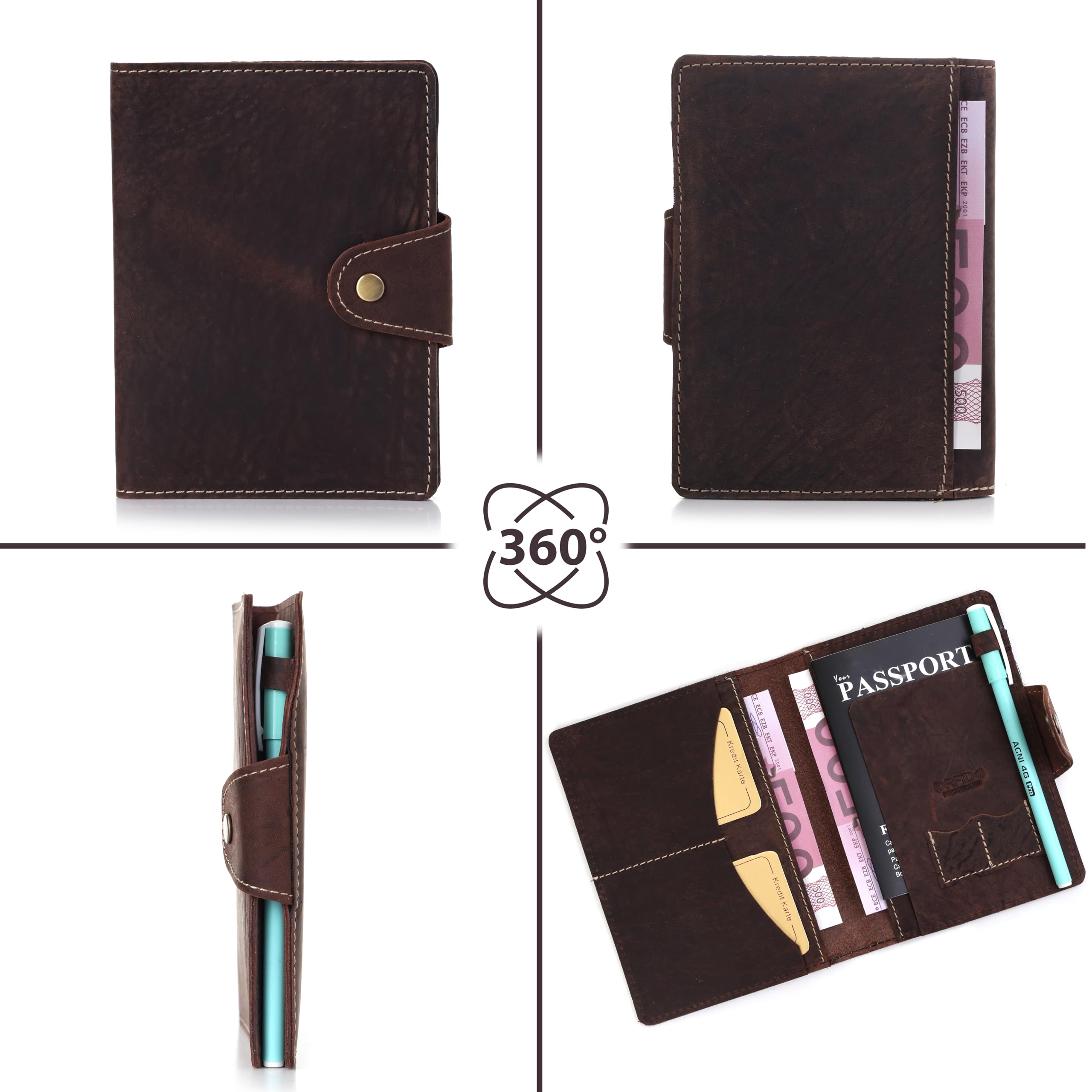Genuine Full Grain Leather Passport Holder Minimalist RFID Travel Wallet Snap Bifold 1-2 Passport Case Credit Card Pen Slot Sim Card Holder Boarding Pass Outer Pocket 14.5 cm x 11 cm Light Brown,