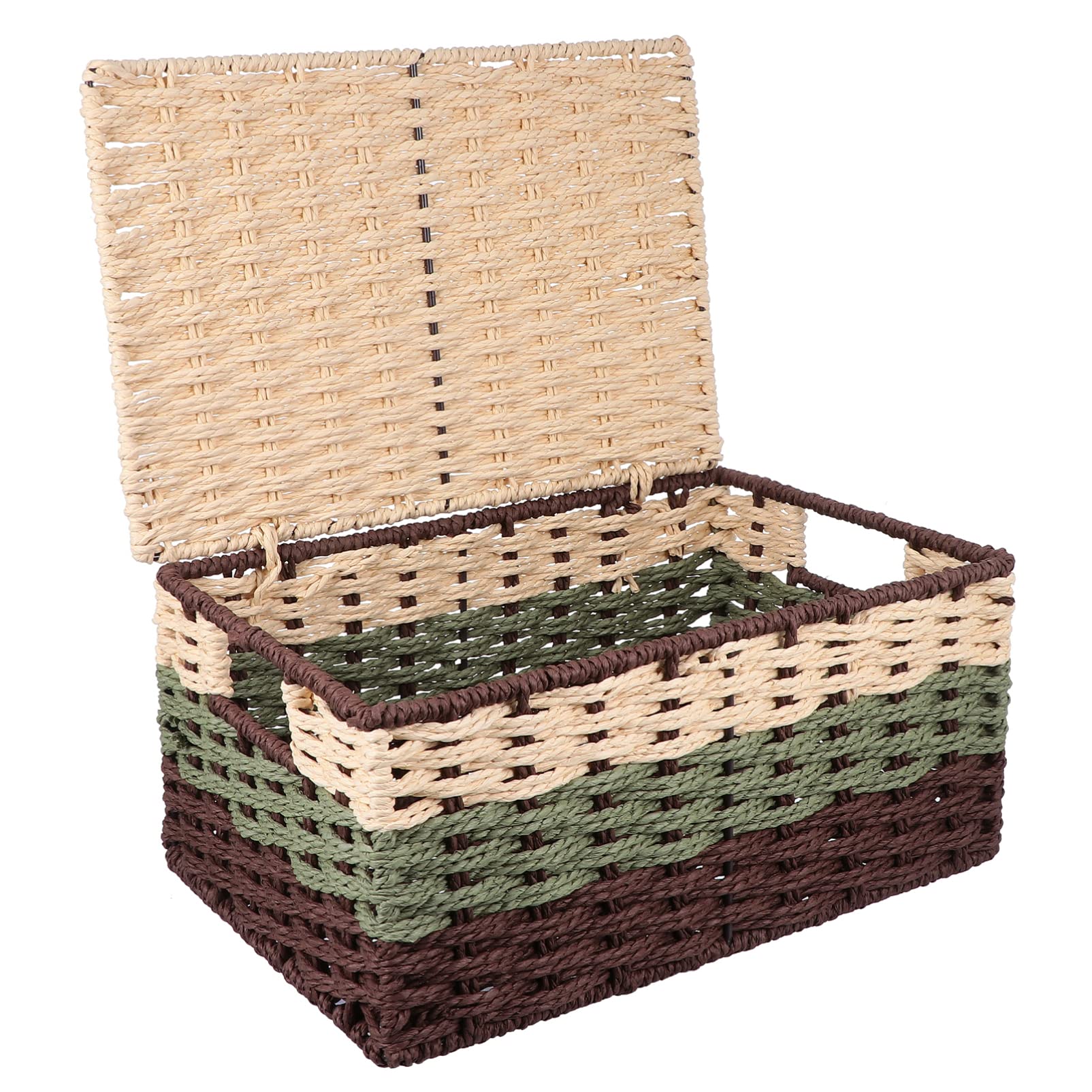 YARNOW Wicker Storage Basket with Lid Laundry Organizer Square Storage Bins Woven Box Seagrass Basket for Bedroom Living Room Organizer