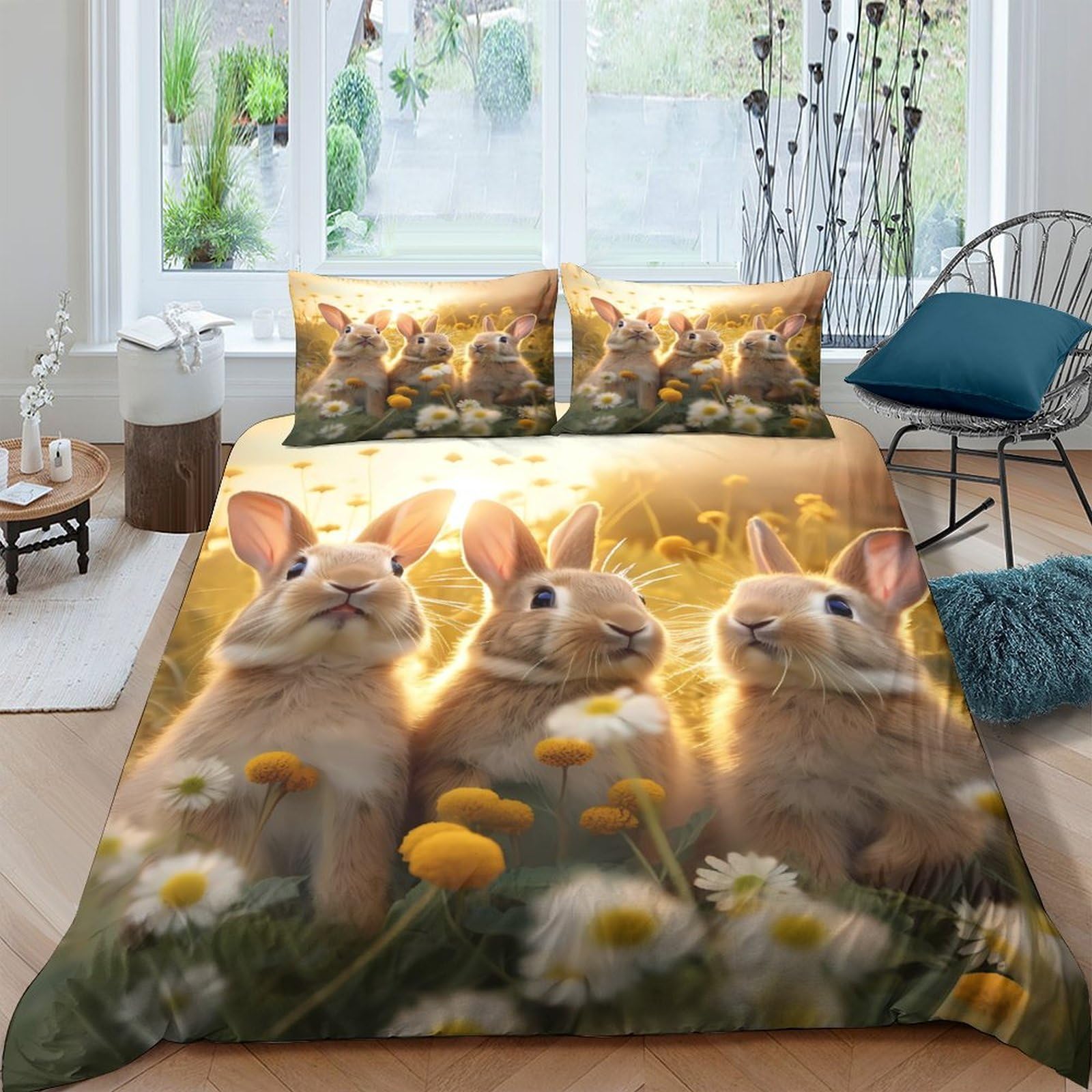 Ctjqhvkz Style-6 3D Printed Bunny Meadow Fitted Sheet Microfiber Soft Slip-Resistant Wildflower Mattress Cover For Bedroom Guest Room Single（135X200cm）