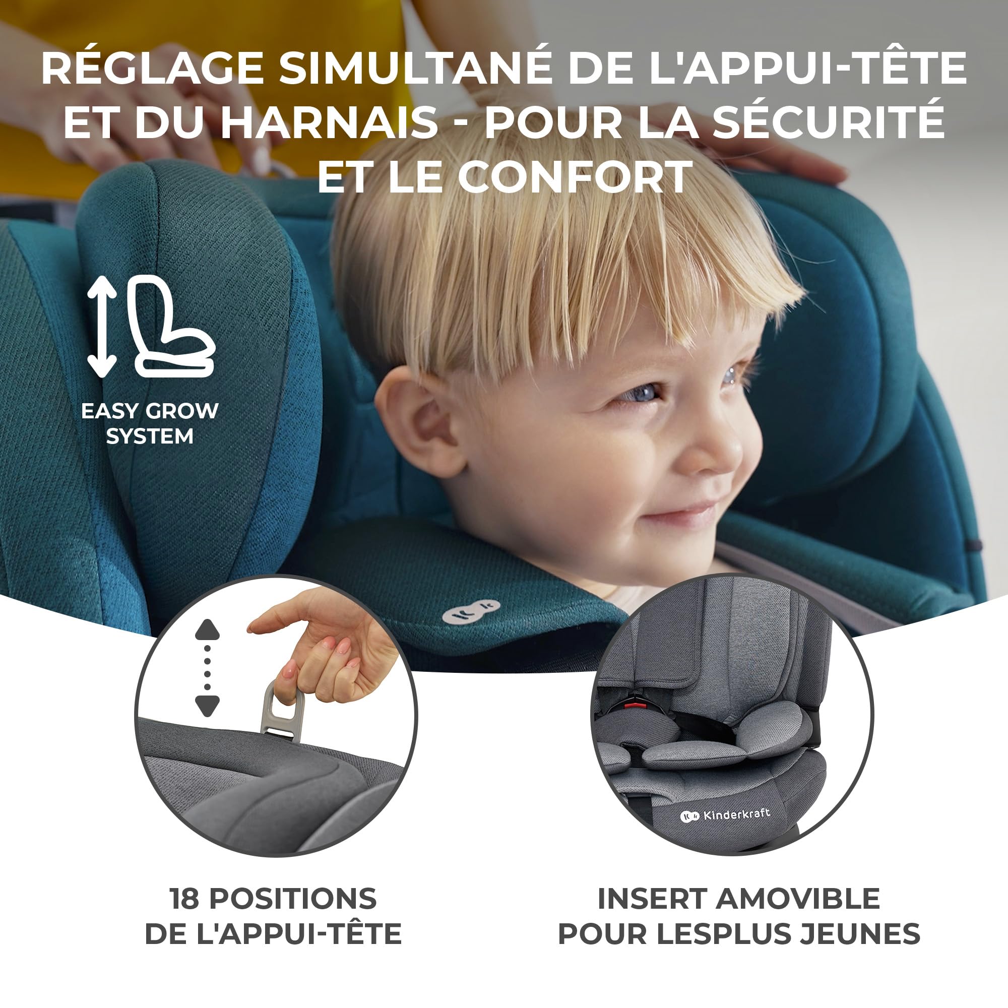 Kinderkraft ONETO3 I-Size 76 et 150 cm, Siège auto bébé Groupe 1/2/3 de 9 à 36 kg, 15 mois à 12 ans, Installation ISOFIX facile, Fonction reclining, Régler l'appui-tête sur 18 niveaux, Noir