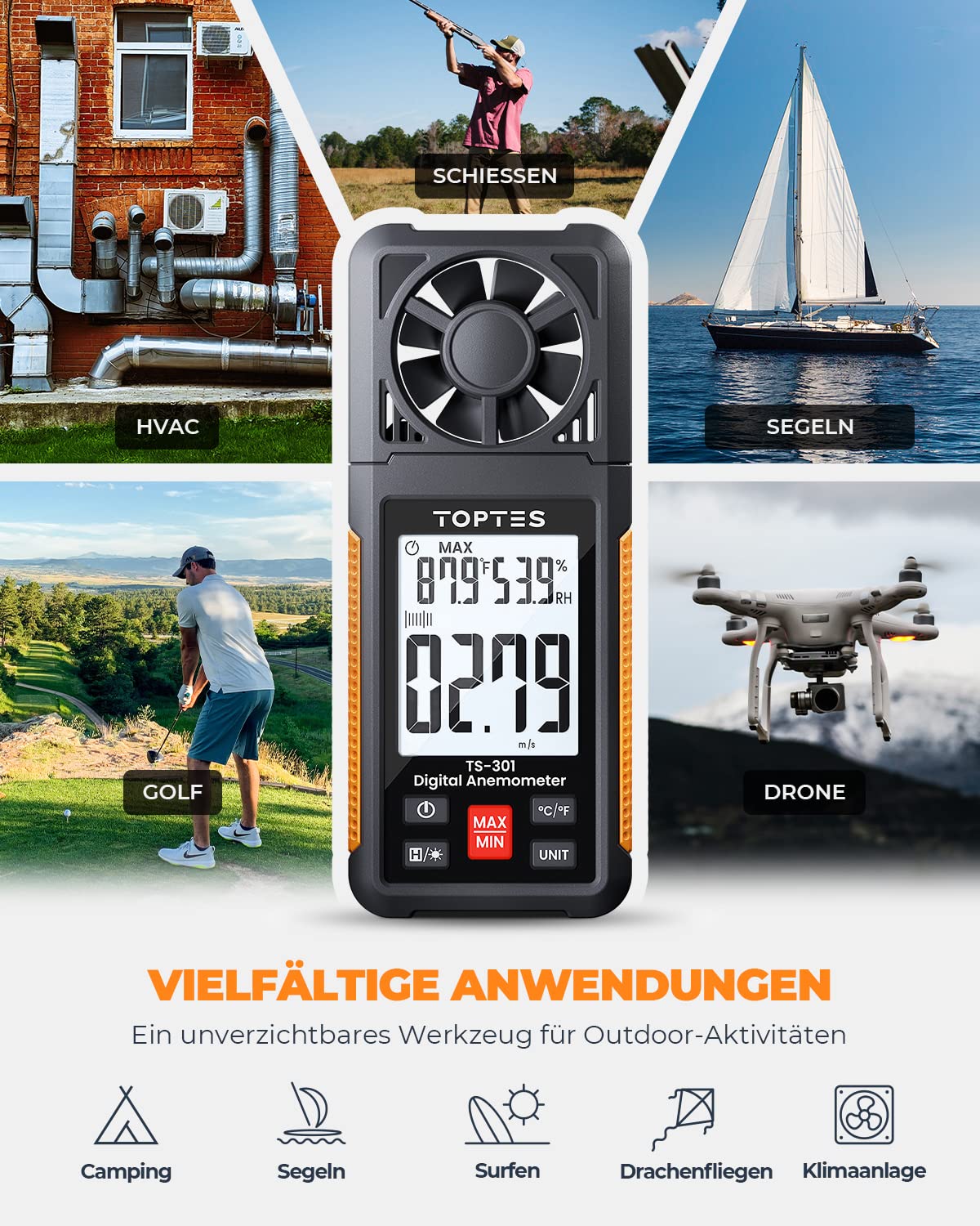 TopTes TS-301 Digitaler Windmesser Anemometer Handheld Wind Speed Meter 2,26-Zoll-LCD-Bildschirm