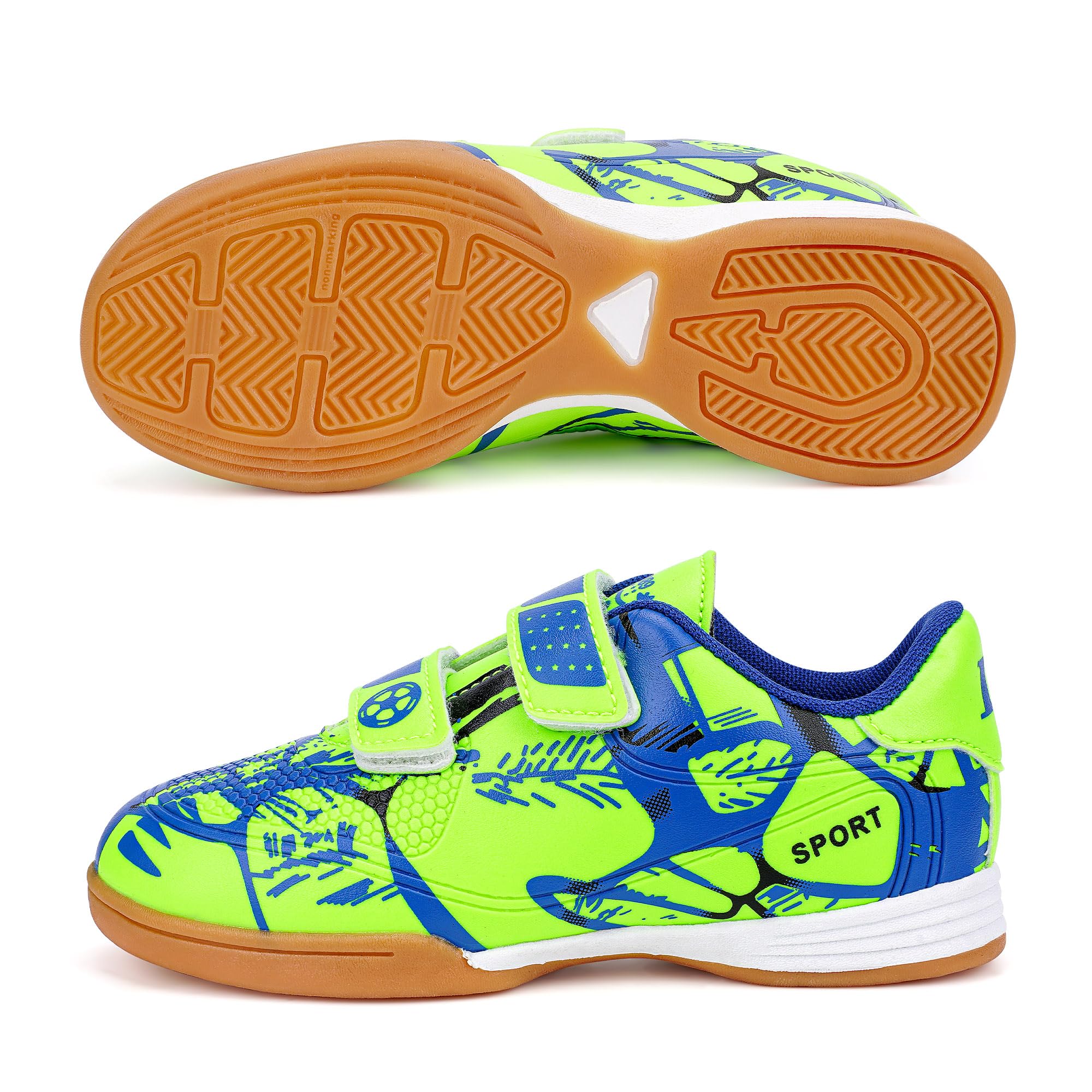 Linkidea Kids Laceless Indoor Soccer Shoes, Rubber Outsole Anti-Slip Sneaker, Futsal Training Cleats for Boys and Girls (Green)