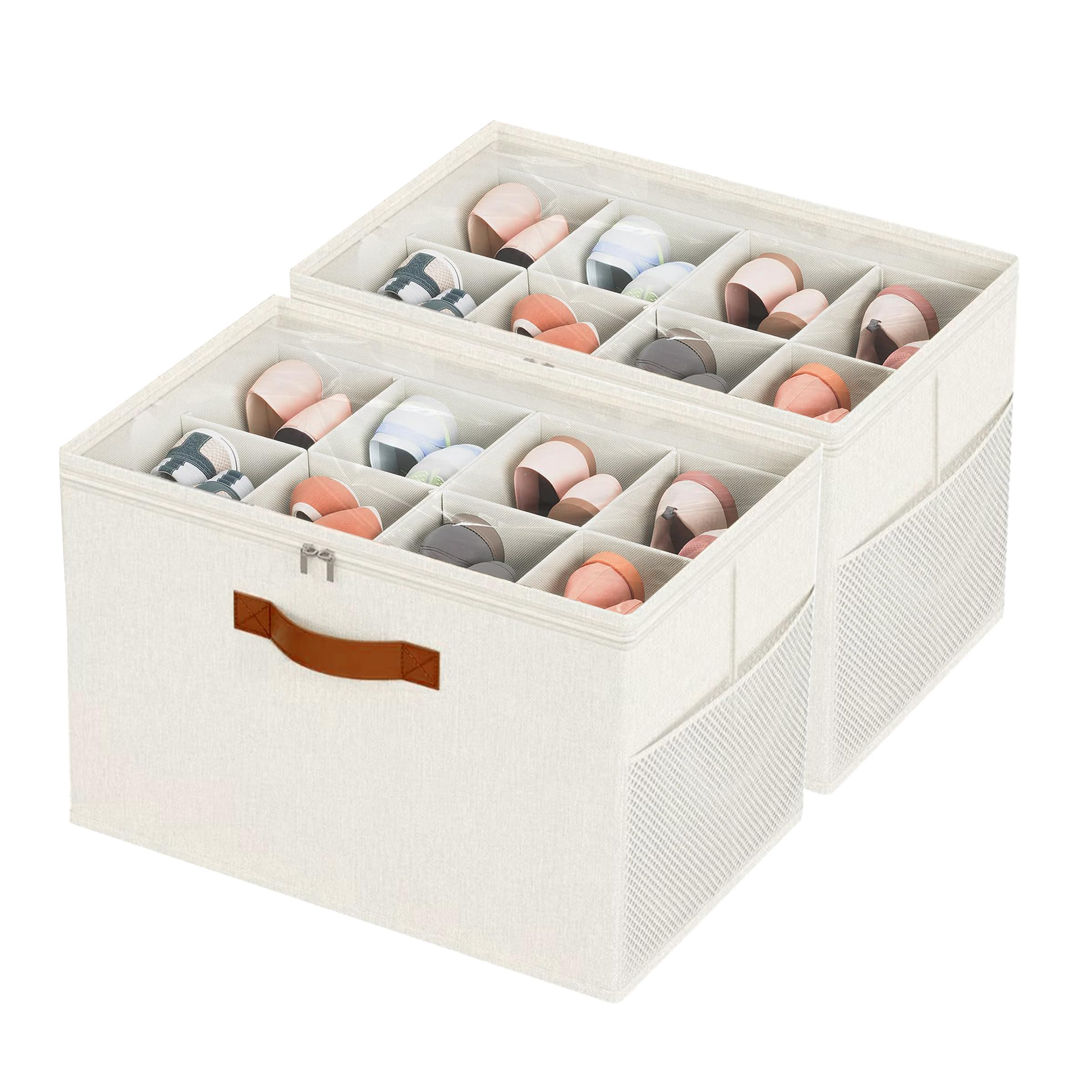 ZHABAYEN 2Pack Shoe Organiser for Closet, Adjustable Dividers Shoes Boxes Storage with Clear Cover, Foldable Shoe Storage Containers with Reinforced Handles for Wardrobe, Beige