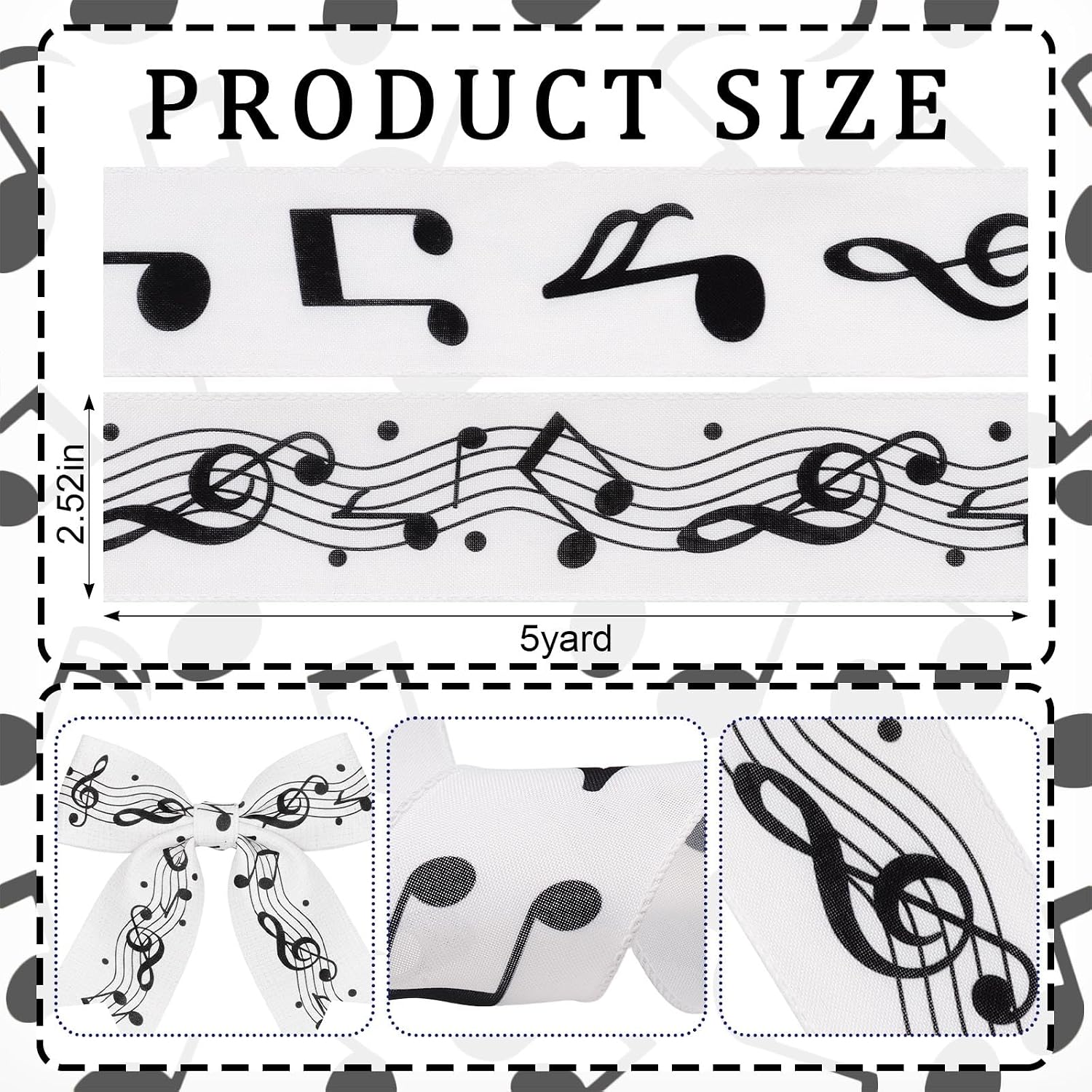 2 Roll Music Note Ribbon for Wreaths Themed Ribbon Black and White Music Burlap Ribbons Bow Craft Holiday Fabric Ribbons for Gift Package Wrapping Bow Wedding Decor(2.5" Wide x 5 Yards Roll)