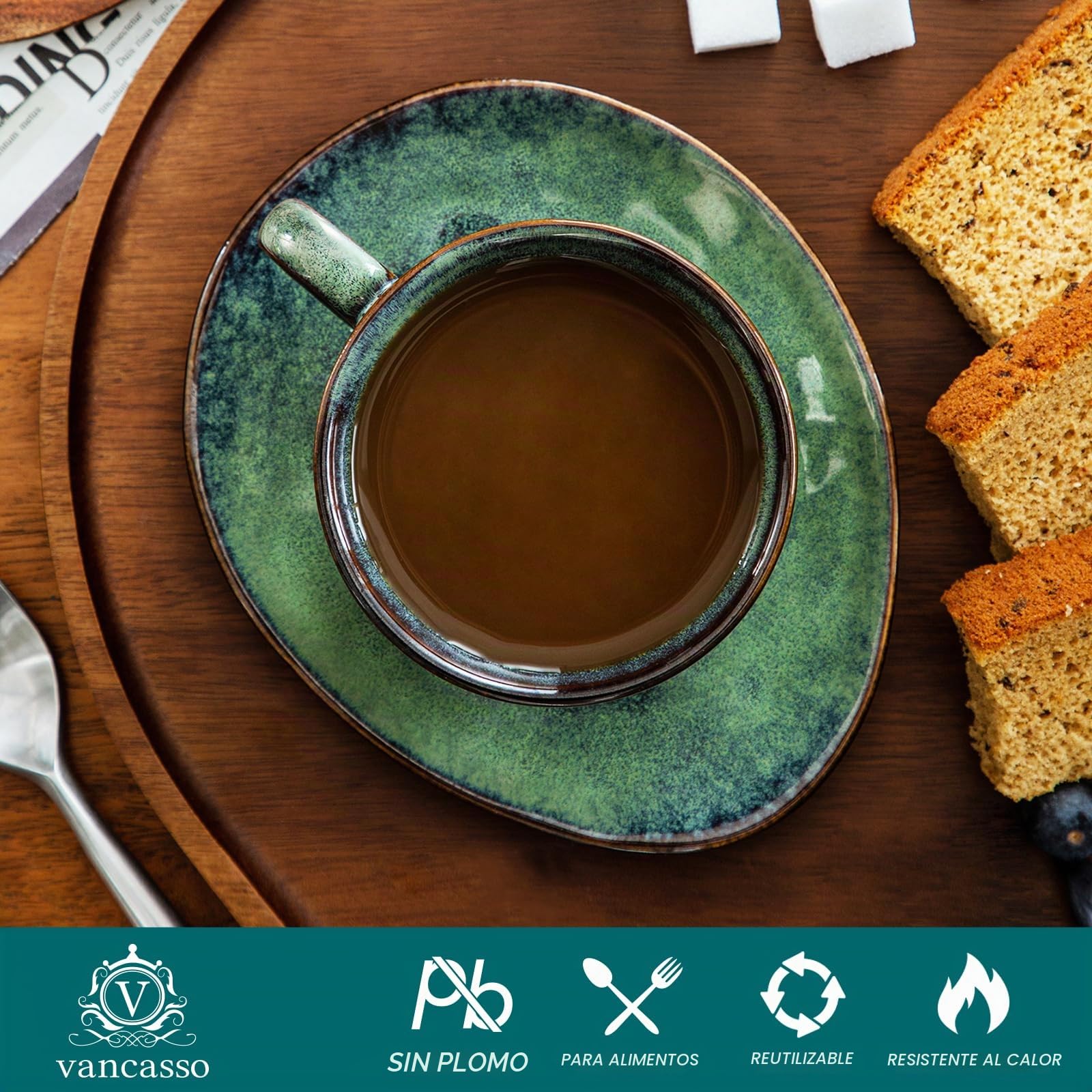 vancasso serie Starry Juego de Café 8 piezas con 4 Tazas y 4 Platillos Vajillas de Gres para Desayuno/Café, Irregular Esmalte Verde