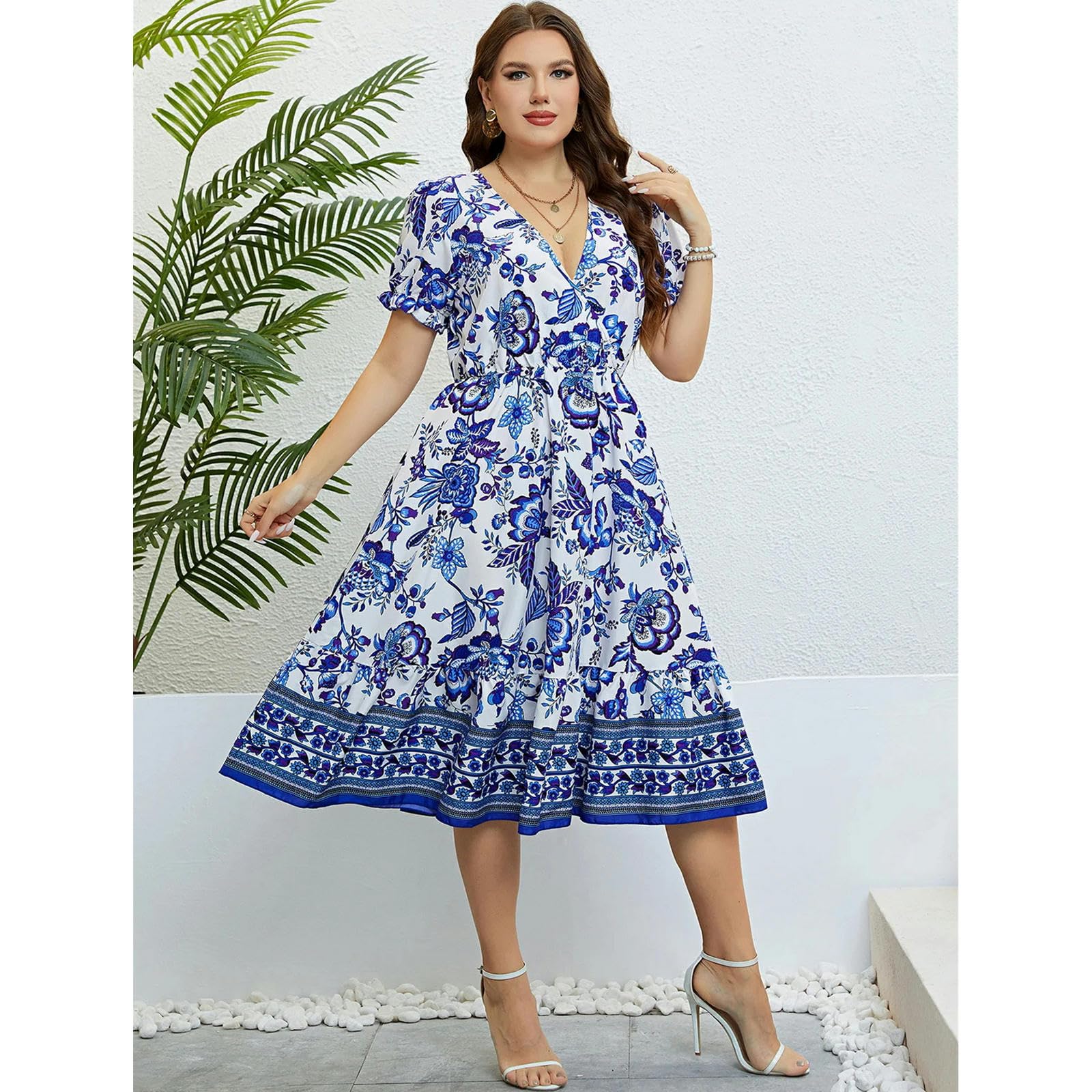 Plus Size Donne Fiore Stampa V-Neck A-Line Abiti Eleganti Increspature Maniche Corte Abito Del Partito Casual Lady Vacanza, HUTALIM, Blu, 4XL