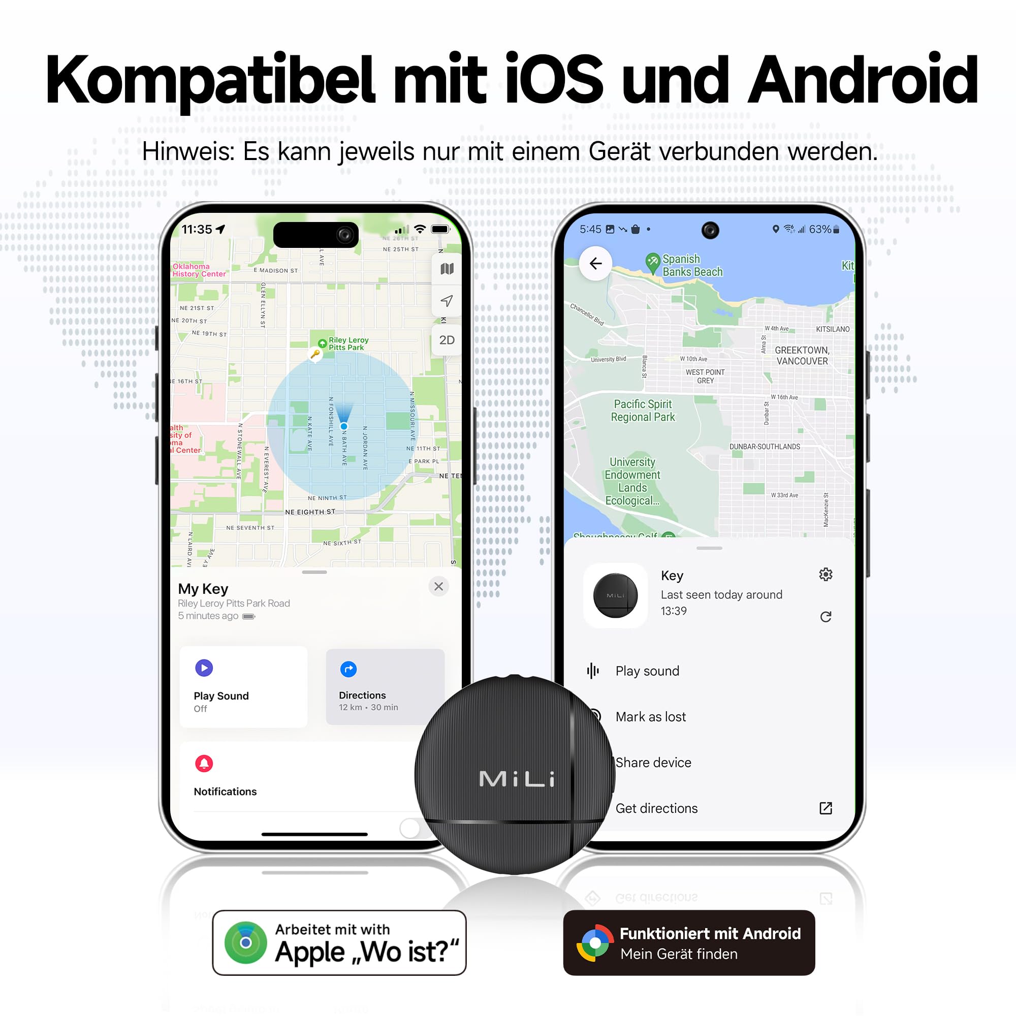 MiLi LiTag Duo Smart Tracker für iOS & Android, Schlüsselfinder kompatibel mit Apple „Wo ist?“ oder Android „Mein Gerät Finden“, CR2032 Batterie, für Schlüssel, Geldbörse
