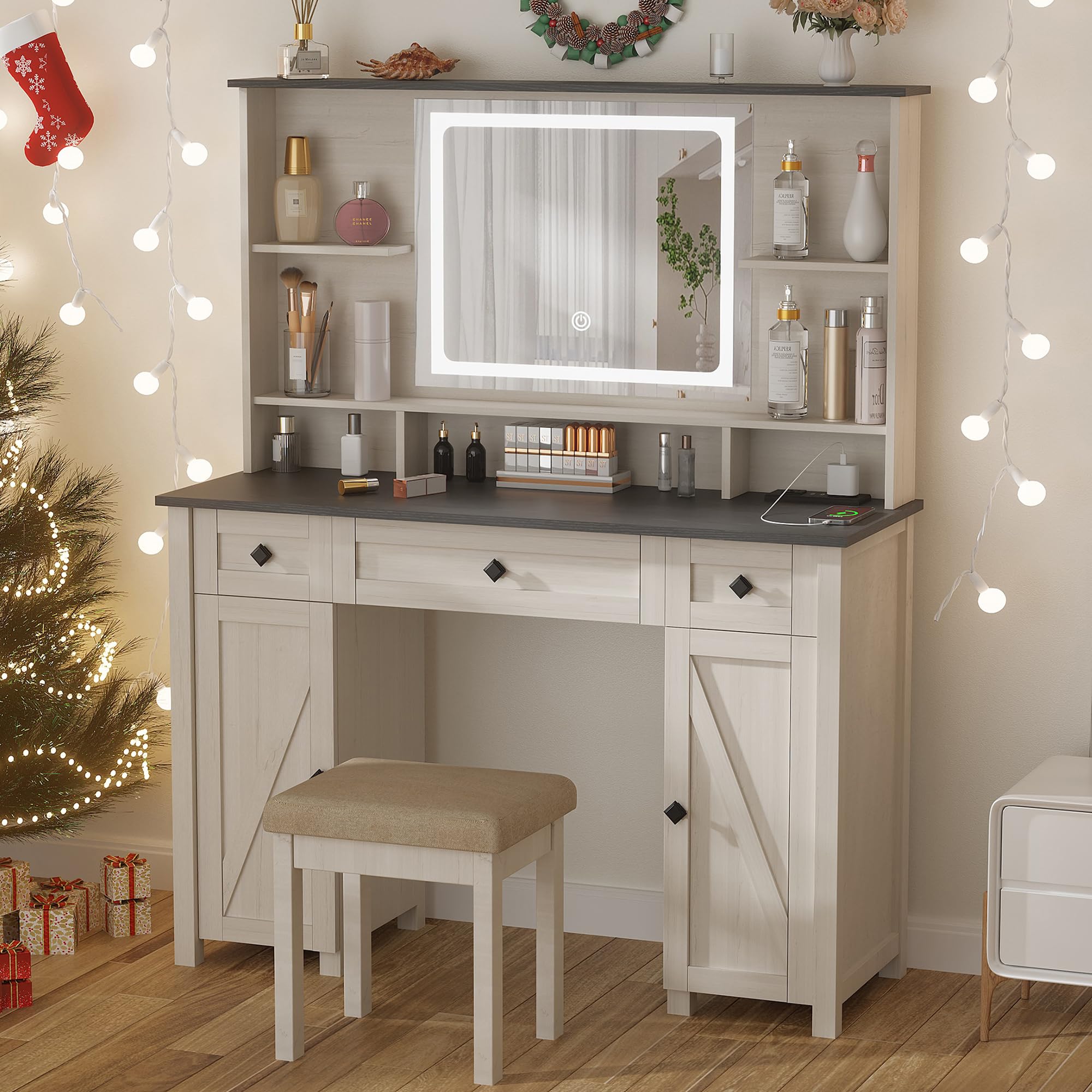 BEWISHOME Farmhouse Vanity Desk with Mirror and Lights,43" Large Makeup Vanity Set with 3 Colors Lighting,Makeup Table Antique White Dressing Table with Charging Station,3 Drawers,Cabinet,Stool FST23W