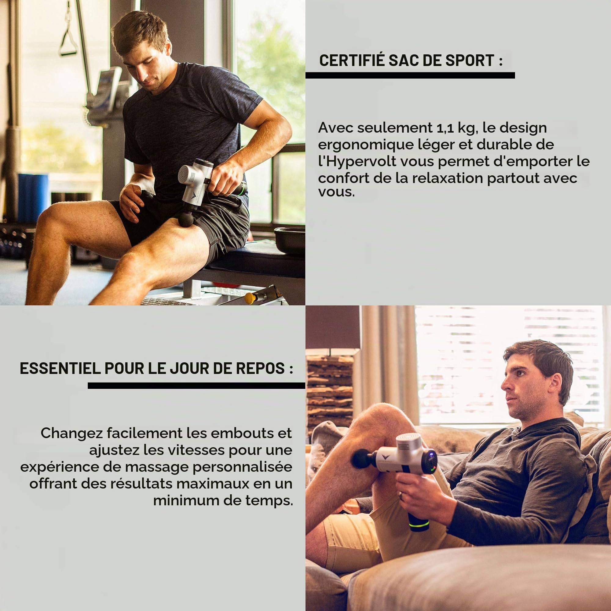 Hyperice Hypervolt Appareil de massage avec glide calme, pour la percussion des mains, 3 niveaux de vitesse, 5 têtes interchangeables