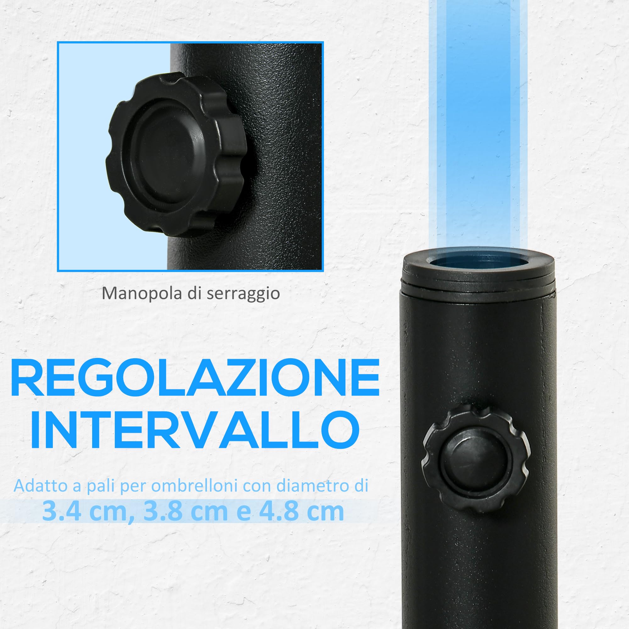 Outsunny Base per Ombrellone, Basamento per Ombrellone in Metallo, per Pali di Ombrelloni da Ø34/38/48 mm, per Patio, Pontile, Giardino e Cortile, Nero