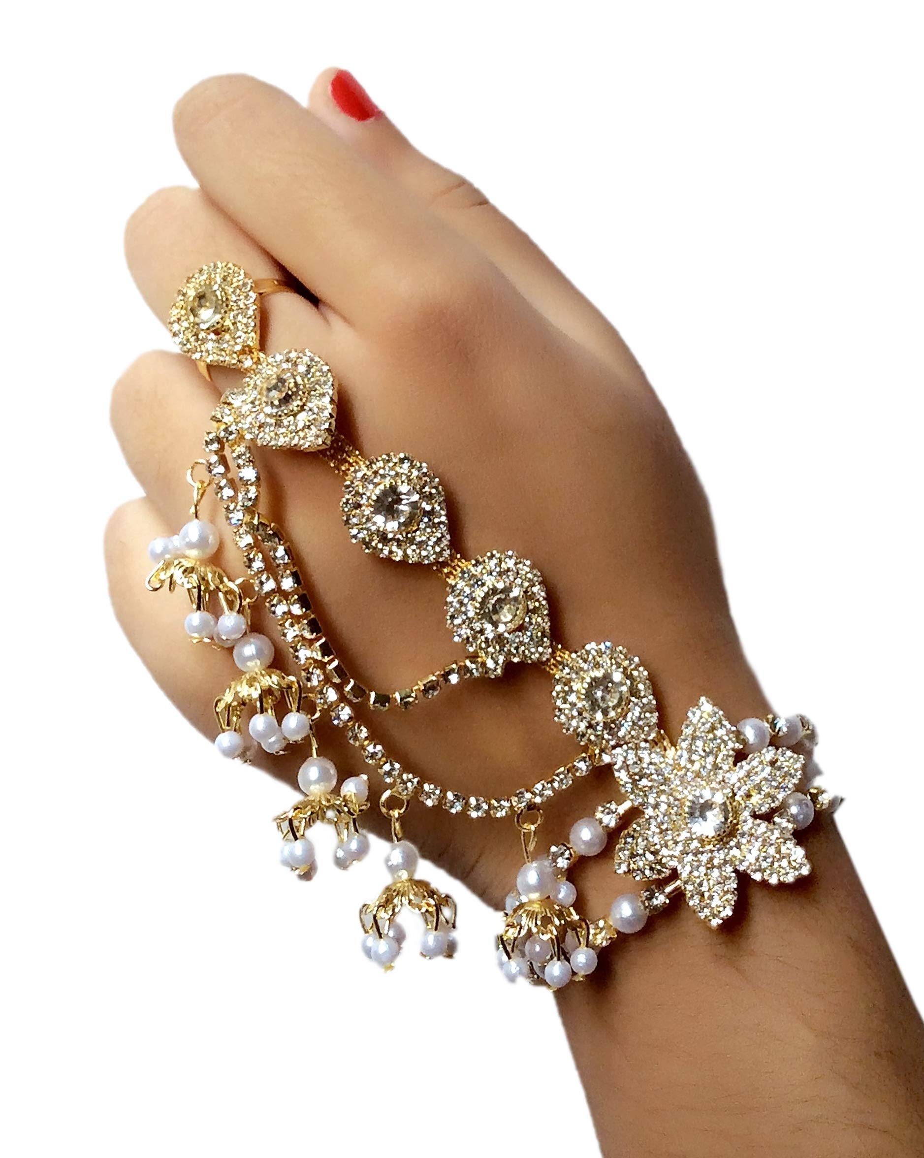 Free Size Silver Plated Pearls Tassels Hath Phool Hand Thong Crystal Bracelet with Finger Ring for Women and Girls Wear on Wedding and Occasions (Single Hand Only)