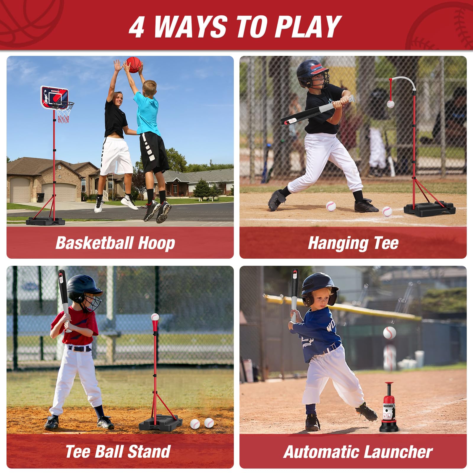 HYES 4 in 1 Kids Basketball Hoop and Tball Set for Toddlers 3-5, Adjustable Hanging Tee Ball Stand with Automatic Pitching Machine, Indoor Outdoor Sport Toys Christmas Birthday Gifts for Boys Girls