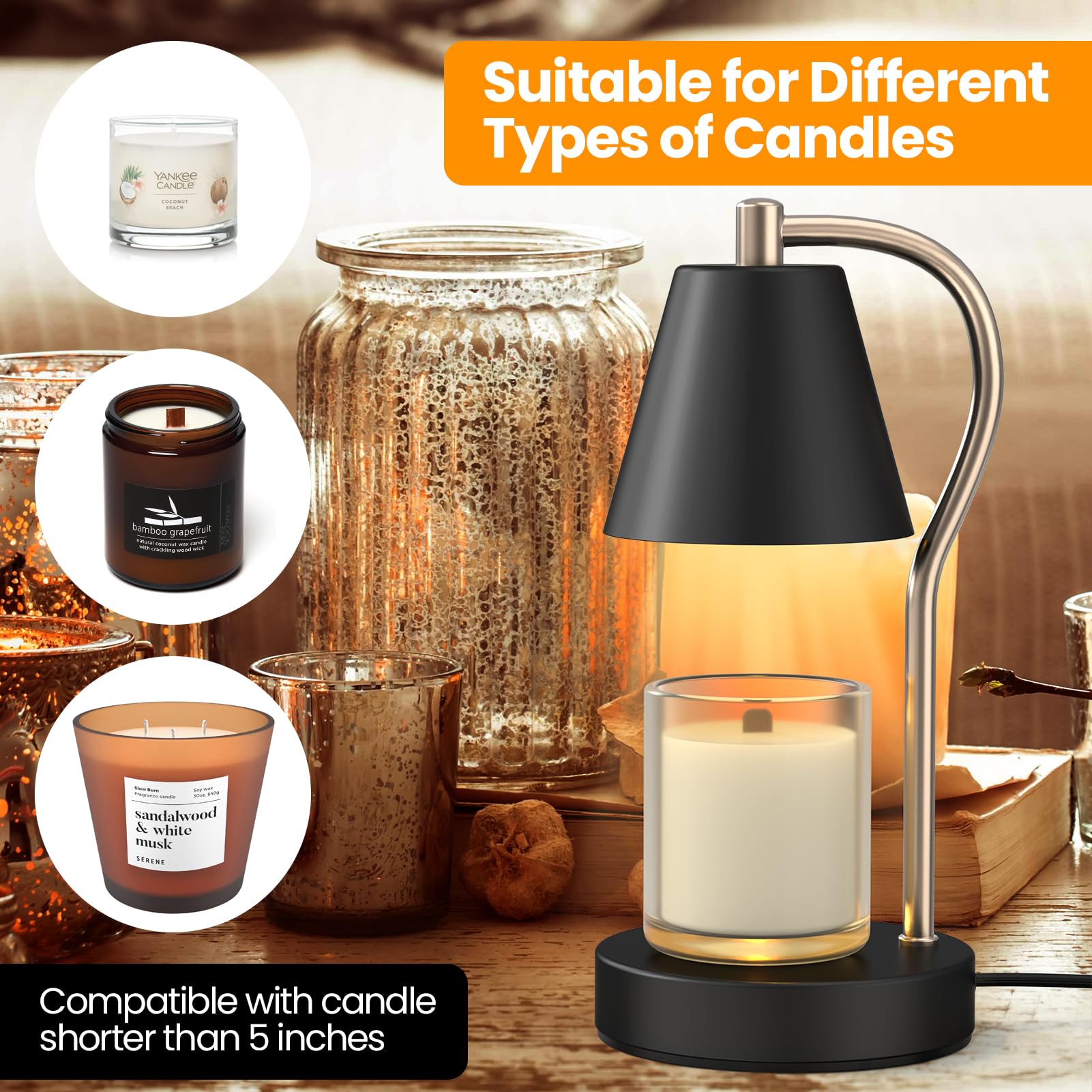 Candle Warmer Lamp with Timer, Electric Dimmable Candle Lamp Warmer with 2 Bulbs, Metal Candle Melting Lamp Compatible with Small & Normal Size Jar Scented Candles, Black