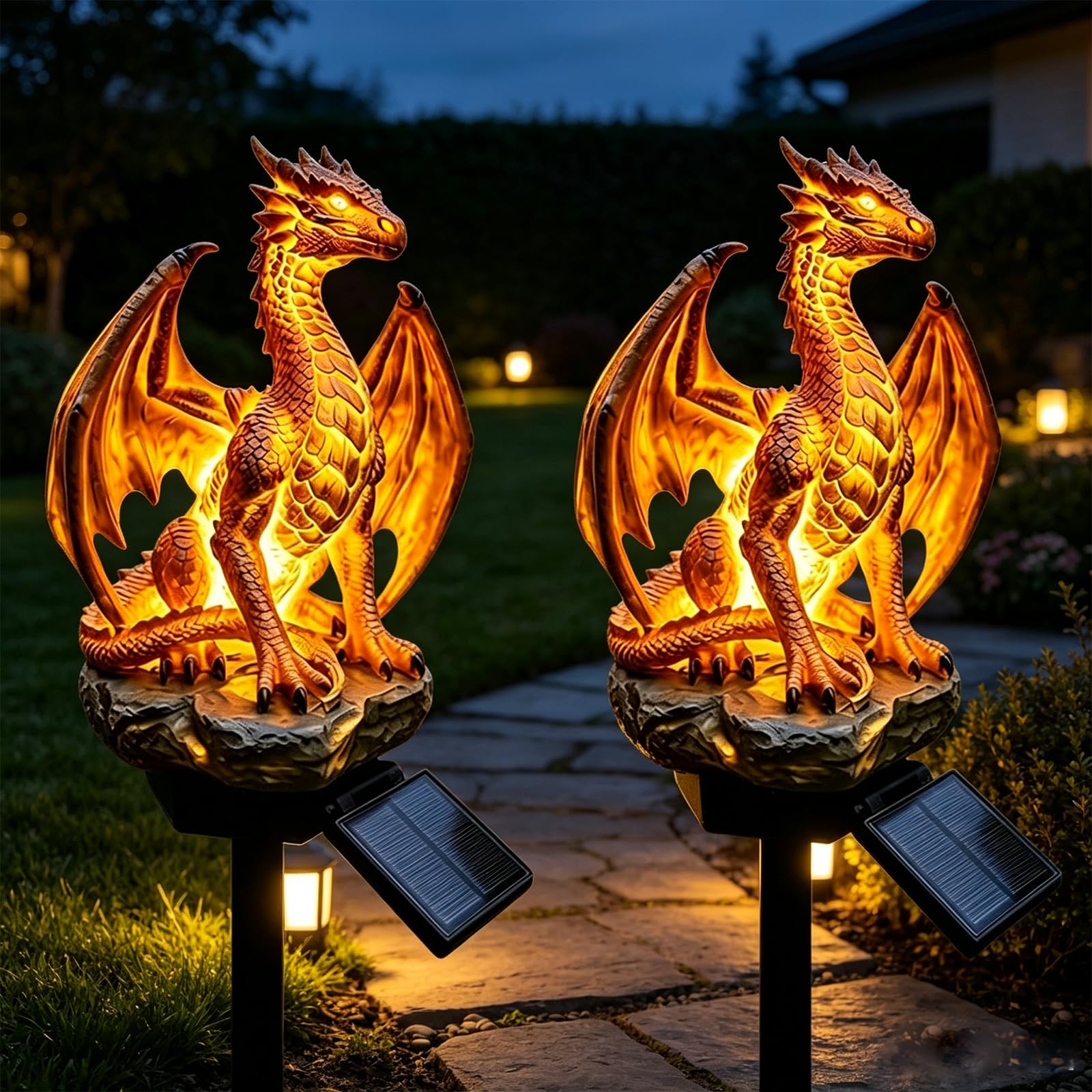 Solar Dragon Garden Statue with LED Lights, Solar Powered Dragon Lamp with Warm Glow Resin Garden Ornament, Gothic Fantasy Outdoor Decor for Lawn Patio Yard Pathway Halloween Decoration Lovers，A：2