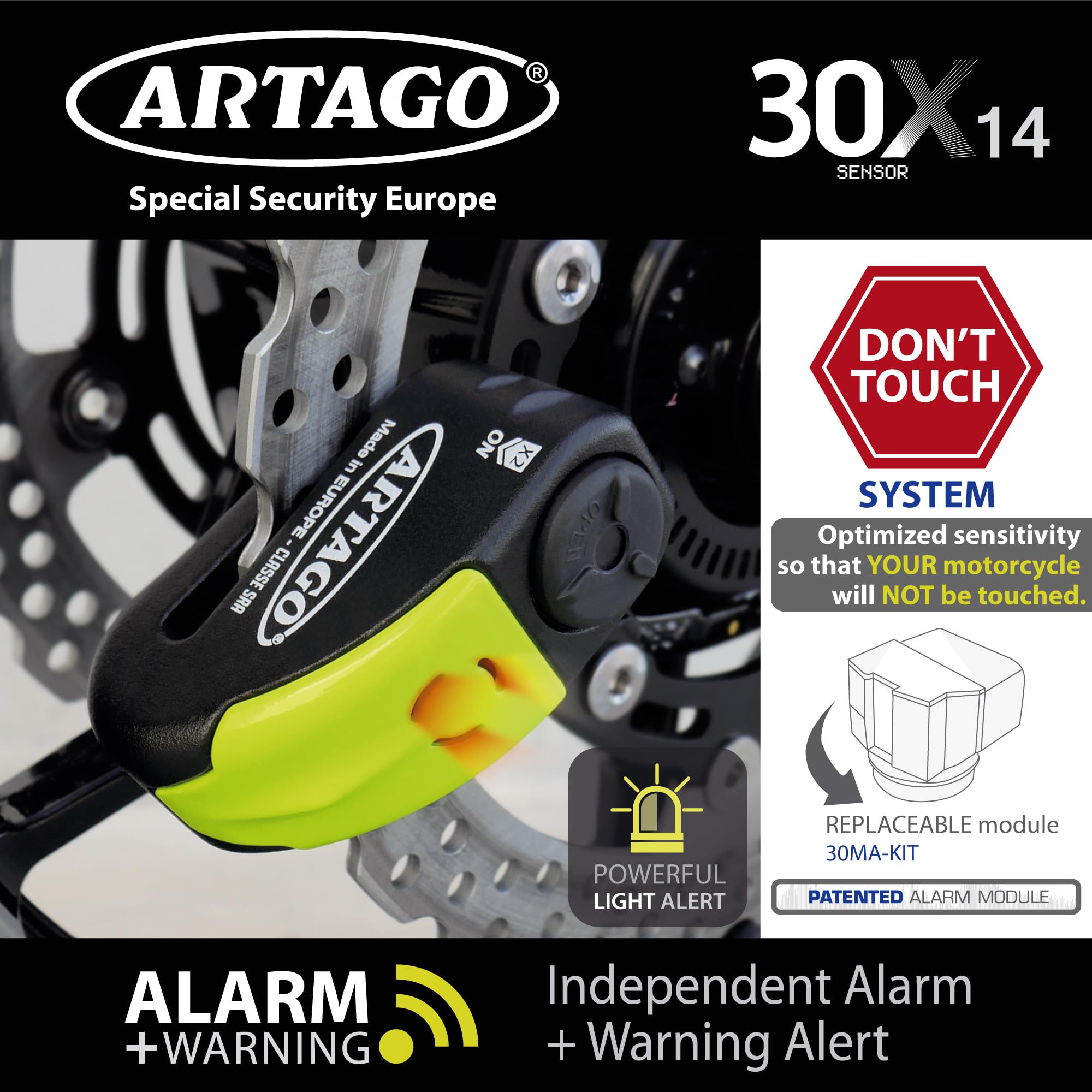 Artago 30X2 Pack Antivol Bloque-Disque avec Alarme 120db Haute Sécurité + Support pour Yamaha MT-07 et Tracer 700, Homologué SRA et Sold Secure Gold, Noir/Jaune