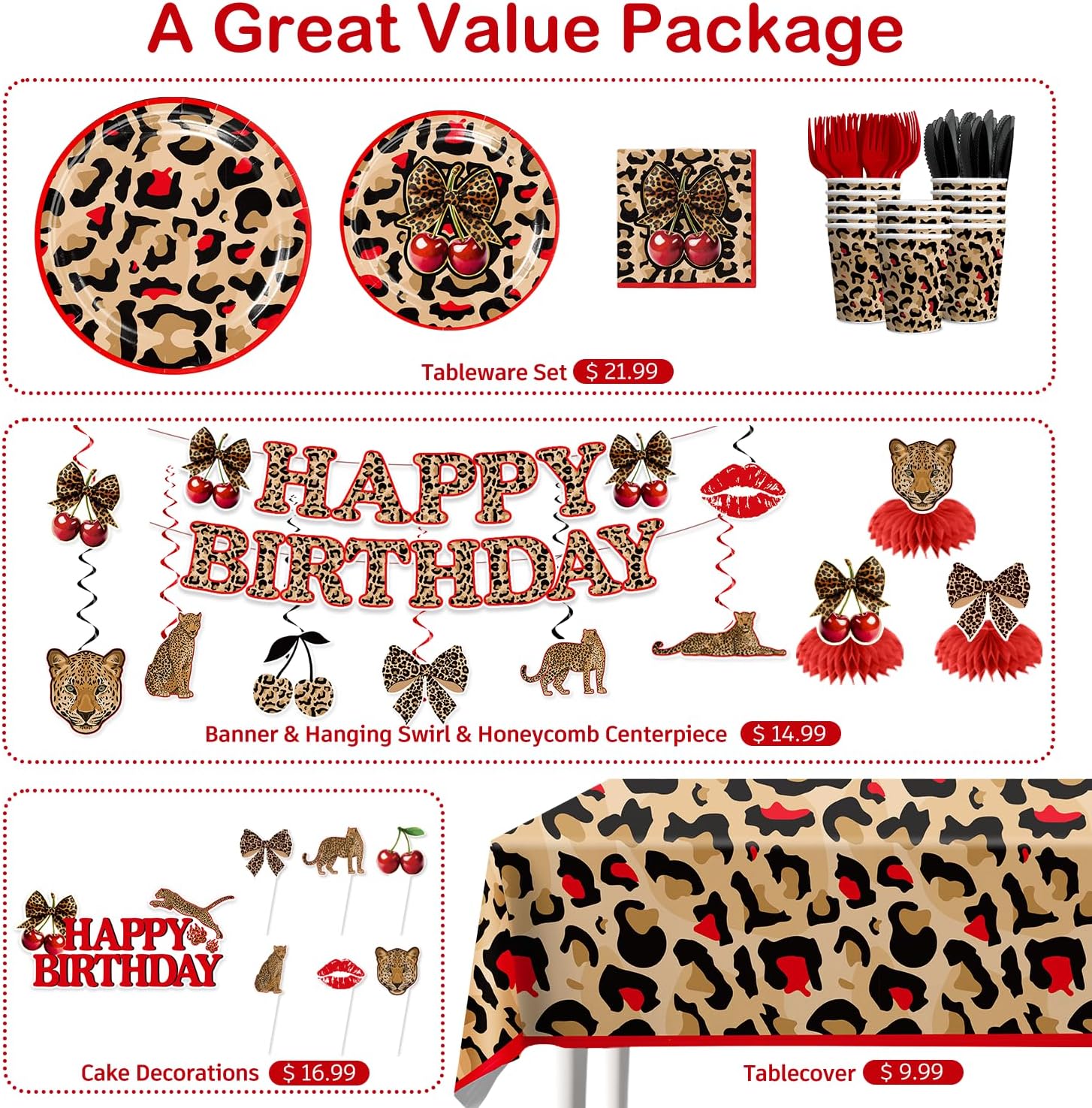 208pcs Red Cheetah Print Birthday Decorations for 25 Guests, All-in-one Set with Pre-strung Banner Plates Backdrop Balloons Tablecloths, Easy Assembly Cheetah and Cherry Birthday Decorations