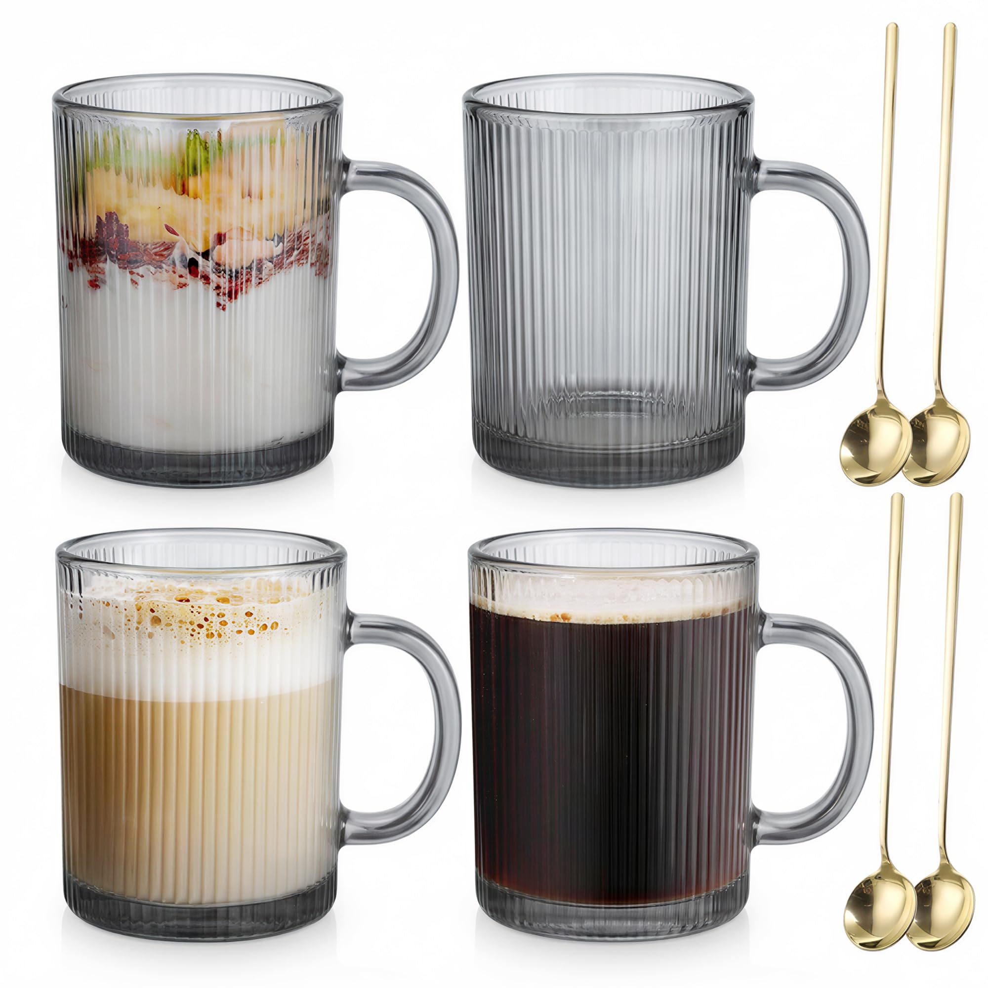Glass Coffee Mugs Set of 4, 350ml Classic Stripe Latte Glasses with Handle, Borosilicate Temperature Resistant Glass Coffee Cup for Cappuccino, Macchiato, Tea, Milk, Juice, Cold & Hot Beverages - Gray