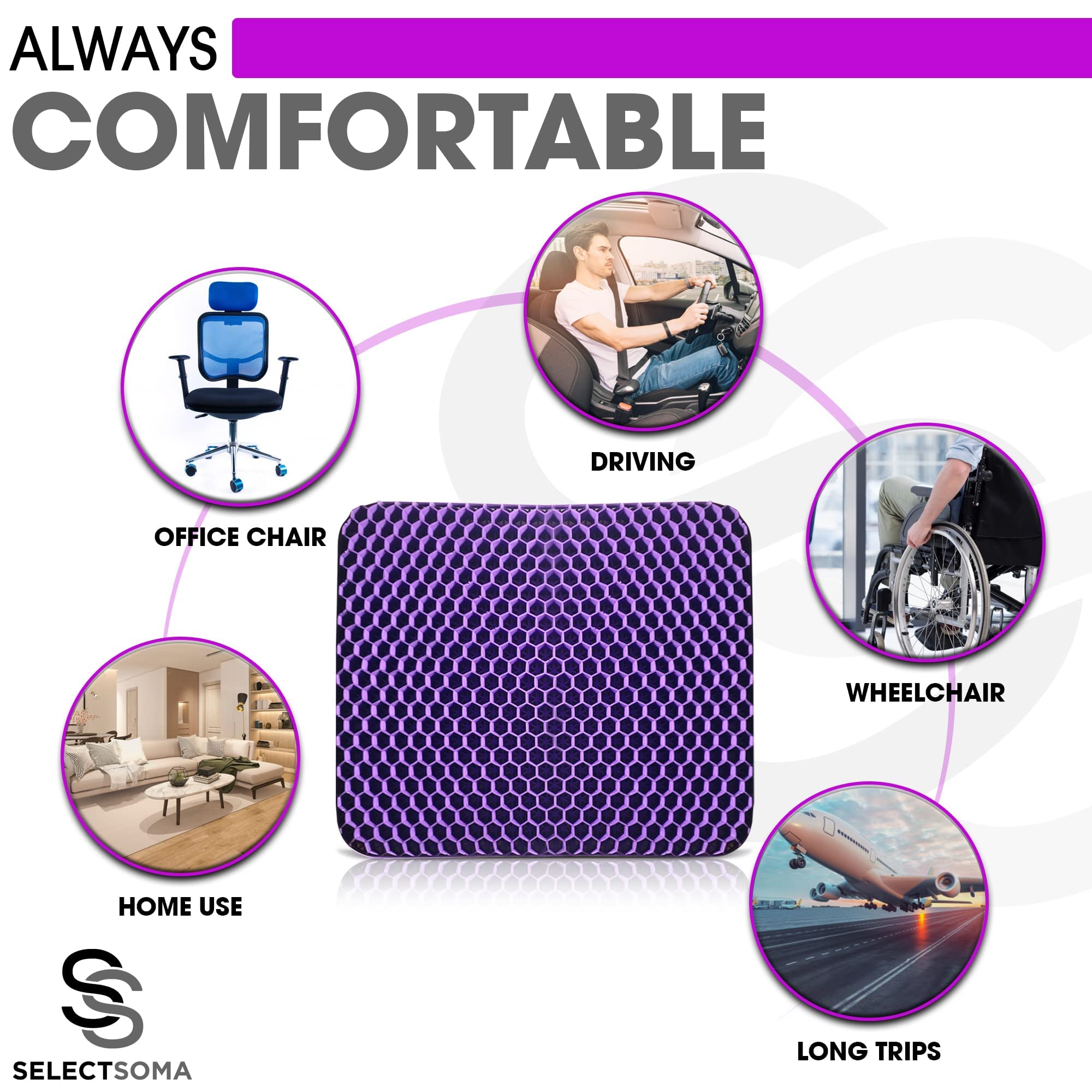 Purple Gel Seat Cushion for Long Sitting Back, Sciatica, Hip