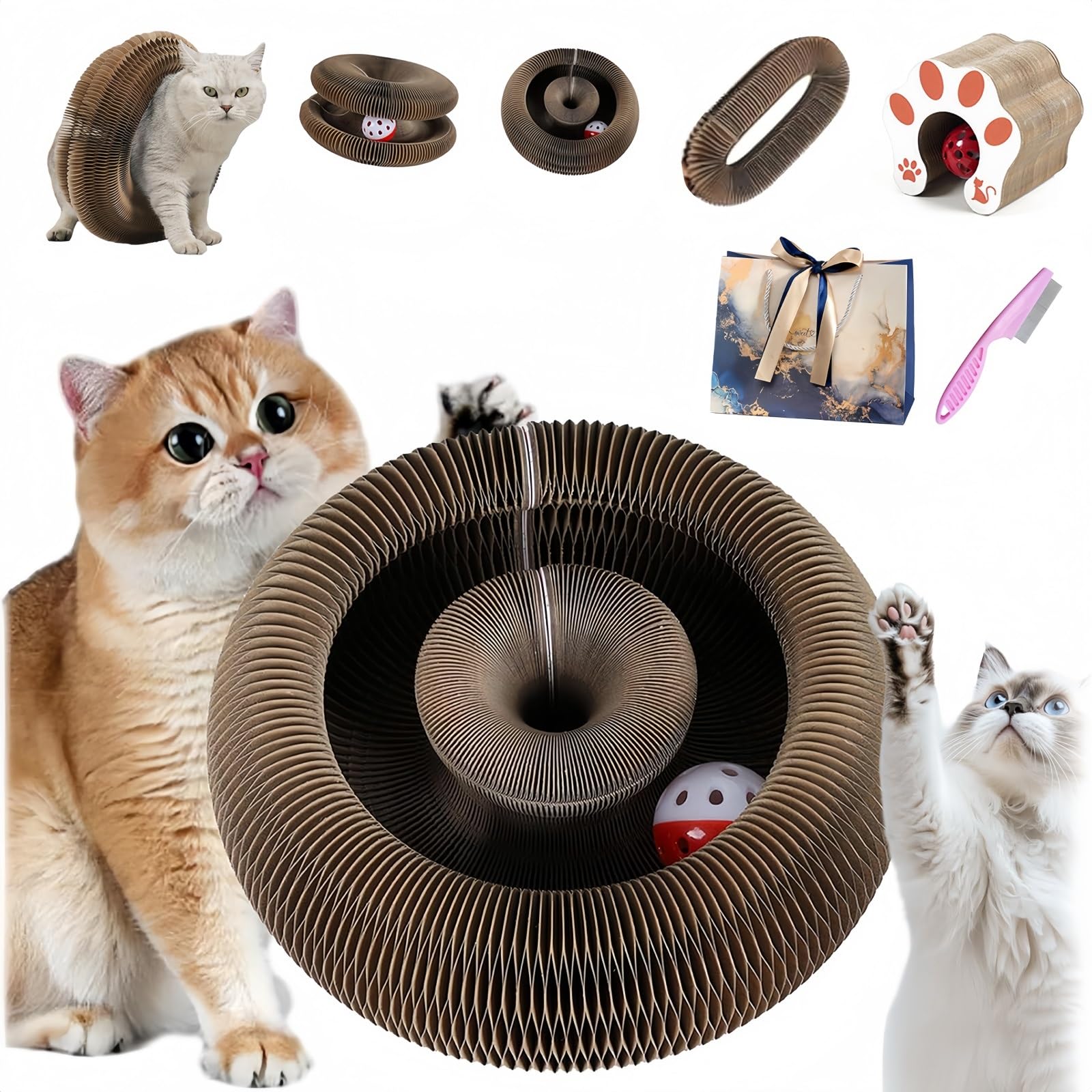 Flexiplay – 2in1 Kratz- und Spielring, Kratzkokon für Katzen mit Ball, Katzenwirbel Katzenliebling, Flexibles Katzenspielzeug für Den Innen und Außenbereich, Lindert Katzenstress(A,3 Stück)