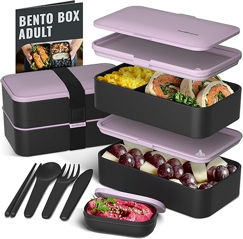 Lonchera bento de primera calidad en 8 colores modernos, 2 compartimentos, a prueba de fugas, incluye taza de salsa, divisor, cubiertos y palillos,