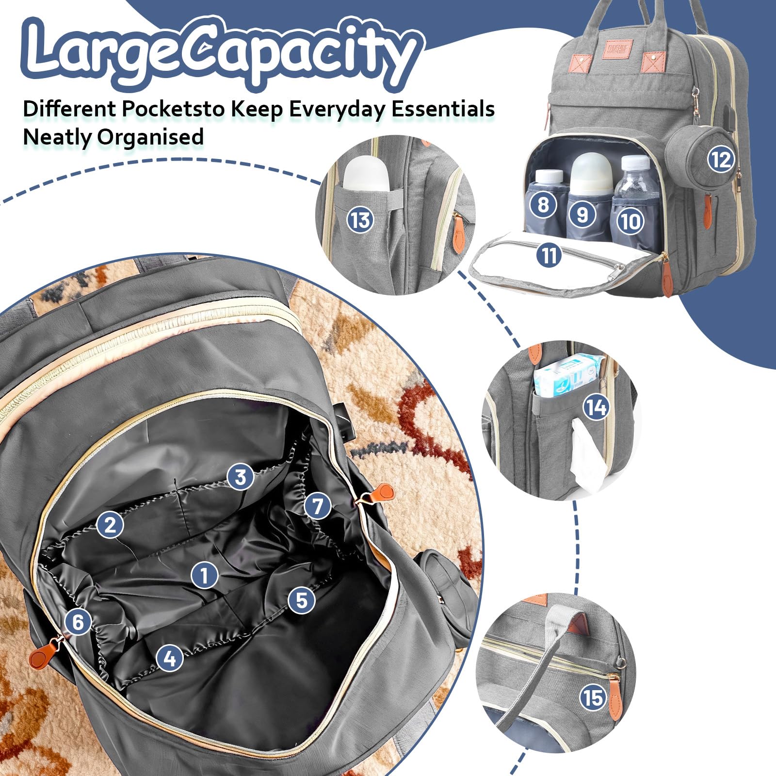 Wickeltasche Rucksack，Wickelrucksack Groß，Multifunktional Diaper Bag mit Mobiler Wickelauflage，Wasserdicht & Leicht，Faltbar Kinderbett，Kinderwagengurte,Babytasche。Baby Wickelrucksack Für Unterweg，Grau