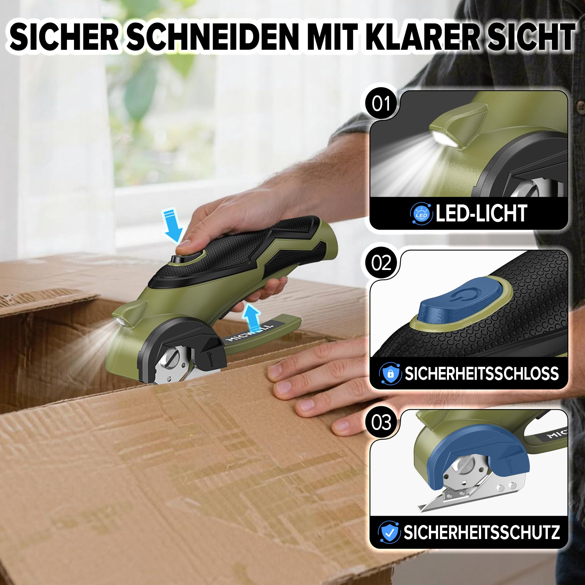 MICWELL Kartonschneider Elektrische Schere mit 4 Selbstschärfende Klingen - 4V Kabellose Rollschneide mit Sicherheitsschloss & LED-Licht, für Karton, Stoff, Leder, Kunststoff und Teppich
