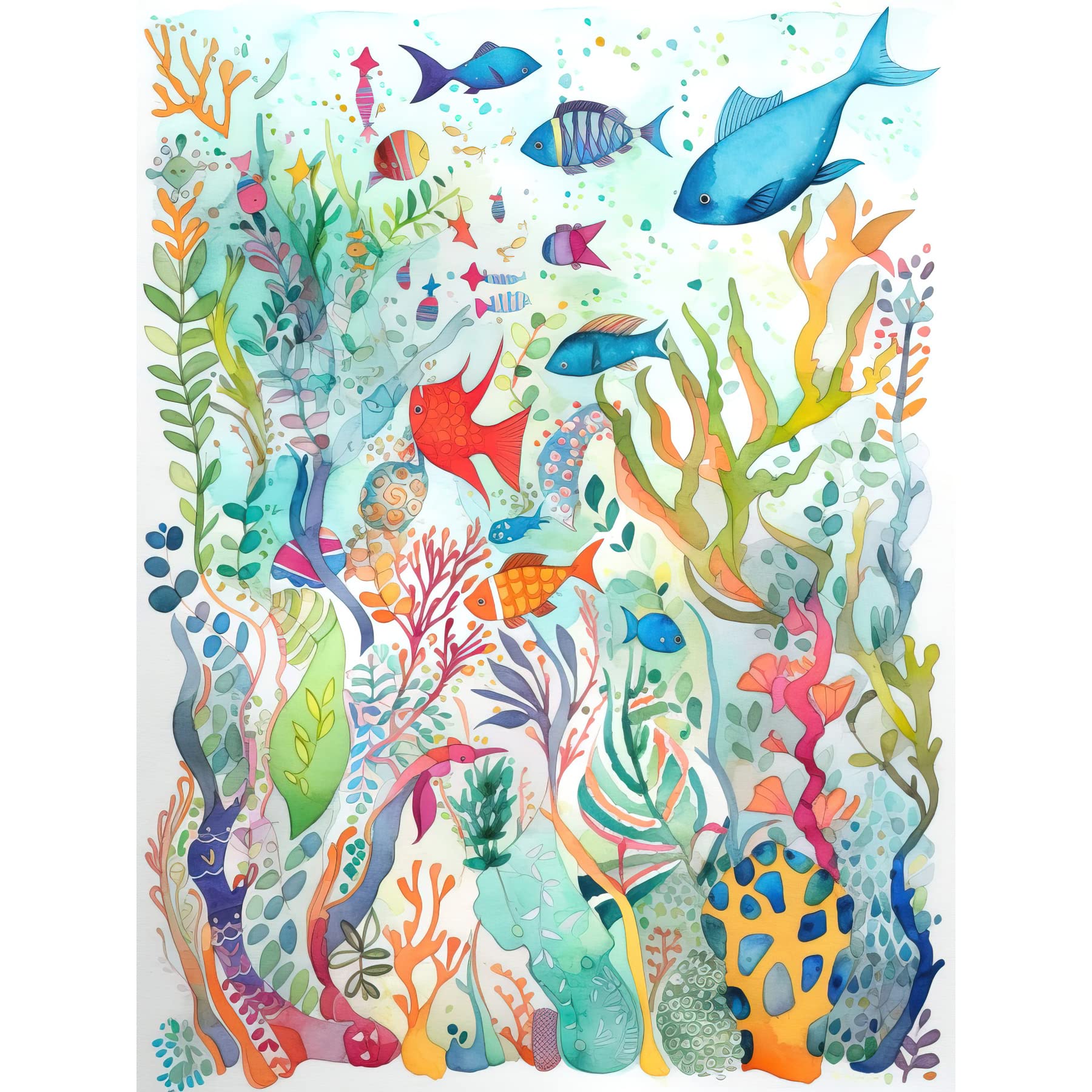 Artery8 Aquatic Scene Marine Life Folk Art Watercolour Painting Extra Large XL Wall Art Poster Print
