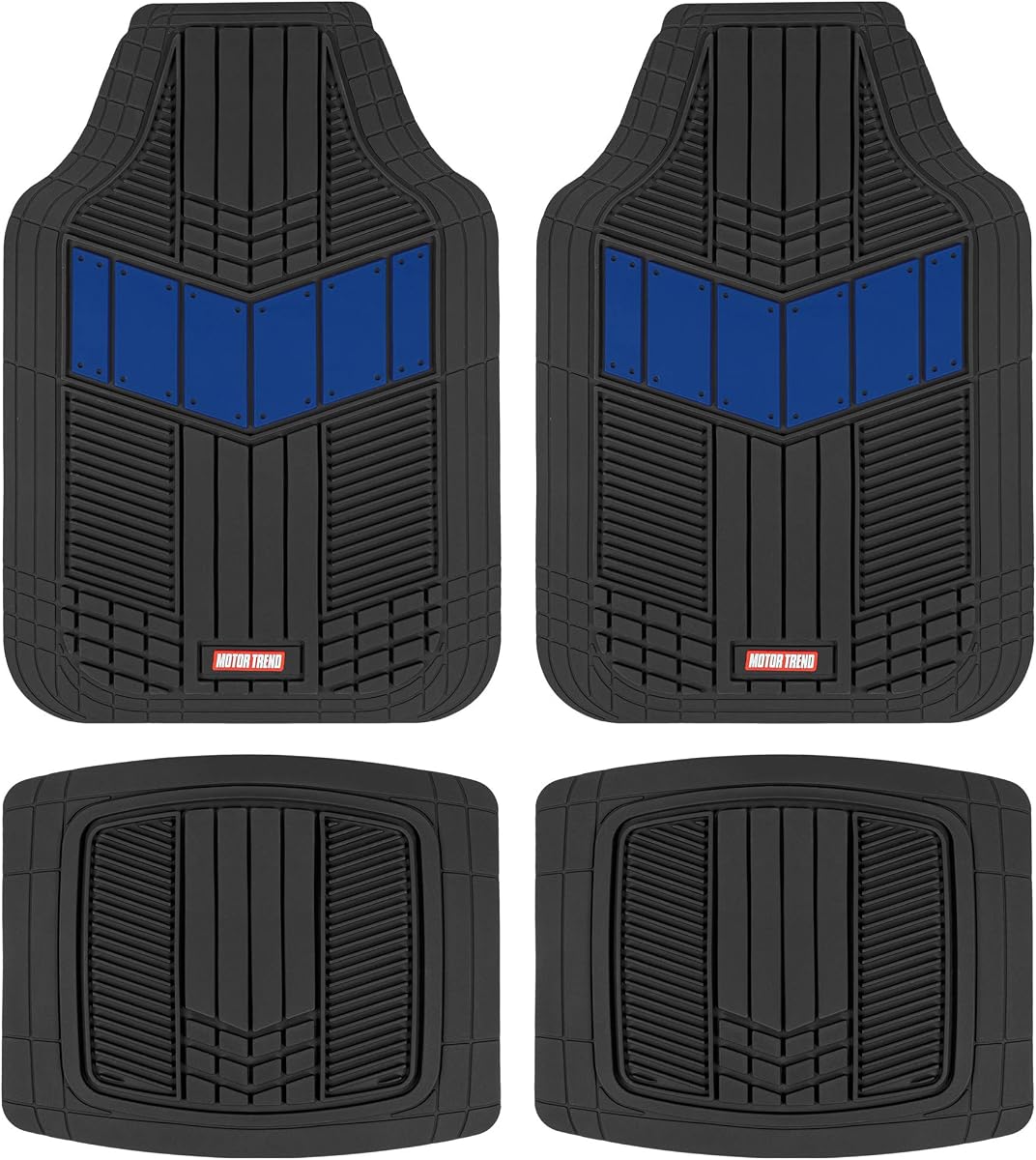 Motor Trend DualFlex™ Alfombrillas de goma para el piso del auto, impermeables para todo tipo de clima, juego completo de alfombrillas para el auto con diseño deportivo de dos tonos, de 4 piezas, tapetes universales ajustables para autos, SUV y camionetas, protector de alfombras para el auto