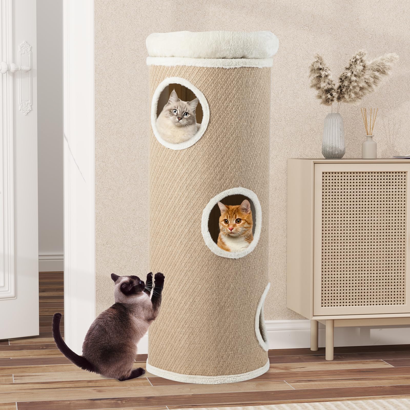 COSTWAY Barril Rascador de 4 Niveles, Poste rascador para Gatos para Múltiples Gatos con Cama de Percha Removible, Tablero Rascador de Sisal, Estera de Bambú para Gato de Interior (De Yute)